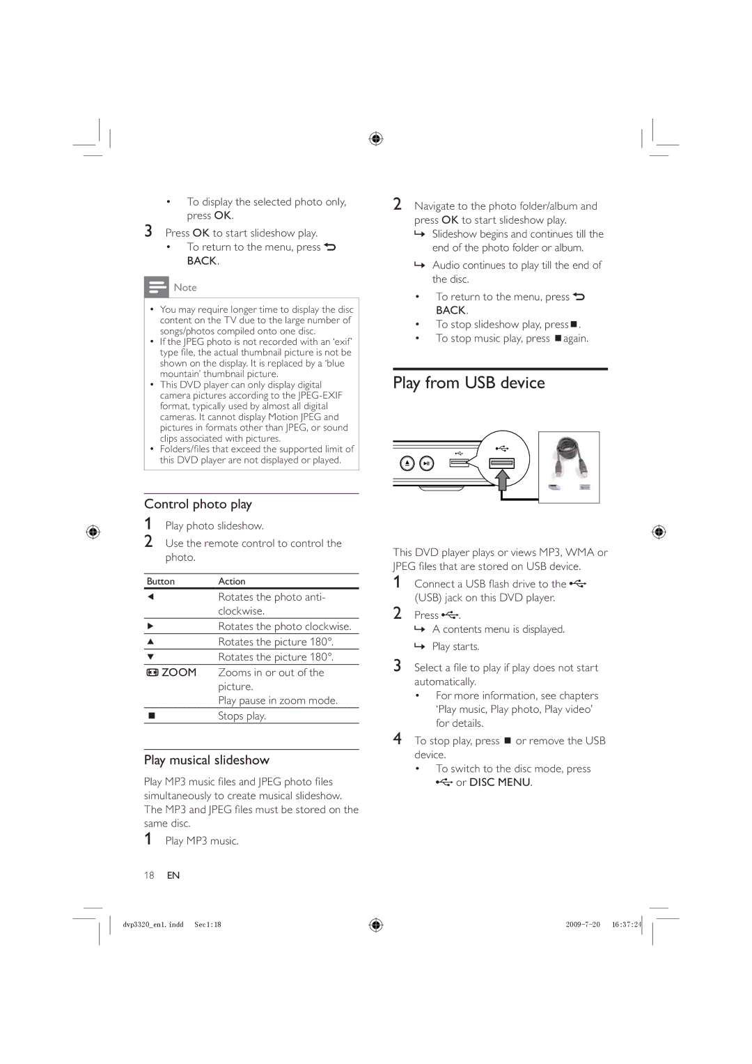 Philips DVP3320/55, DVP3320/77, DVP3320K/78 user manual Play from USB device, Control photo play, Play musical slideshow 