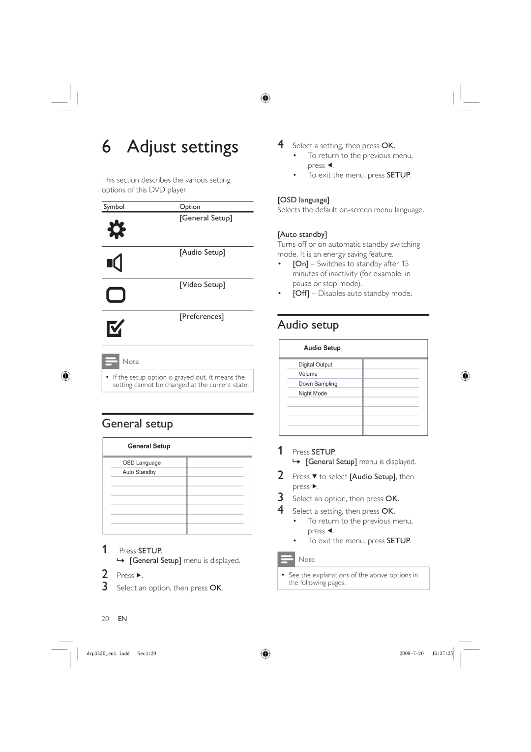 Philips DVP3320/55, DVP3320/77, DVP3320K Adjust settings, General setup, Audio setup, Off Disables auto standby mode 