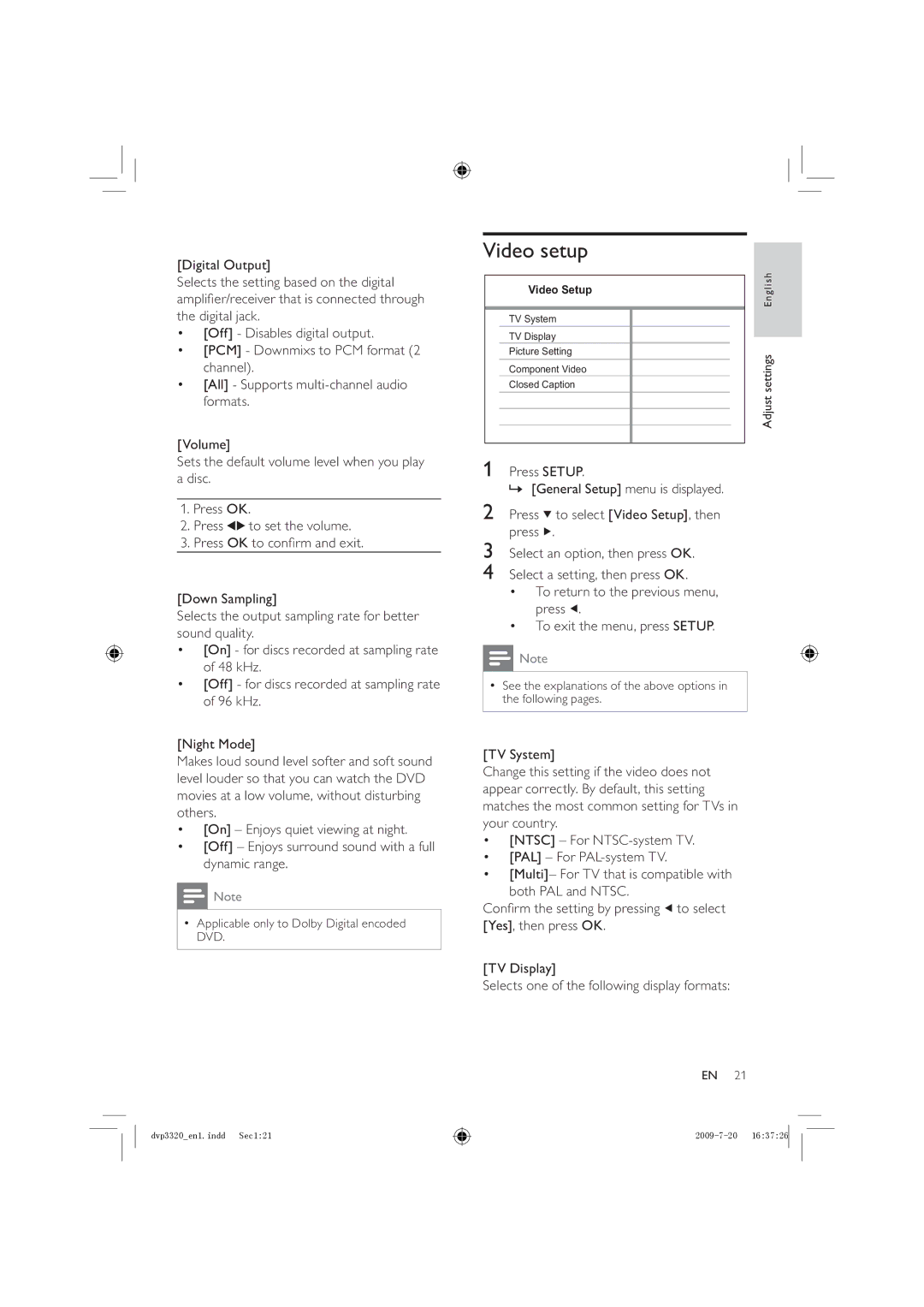 Philips DVP3320/55, DVP3320/77, DVP3320K/78 user manual Video setup 