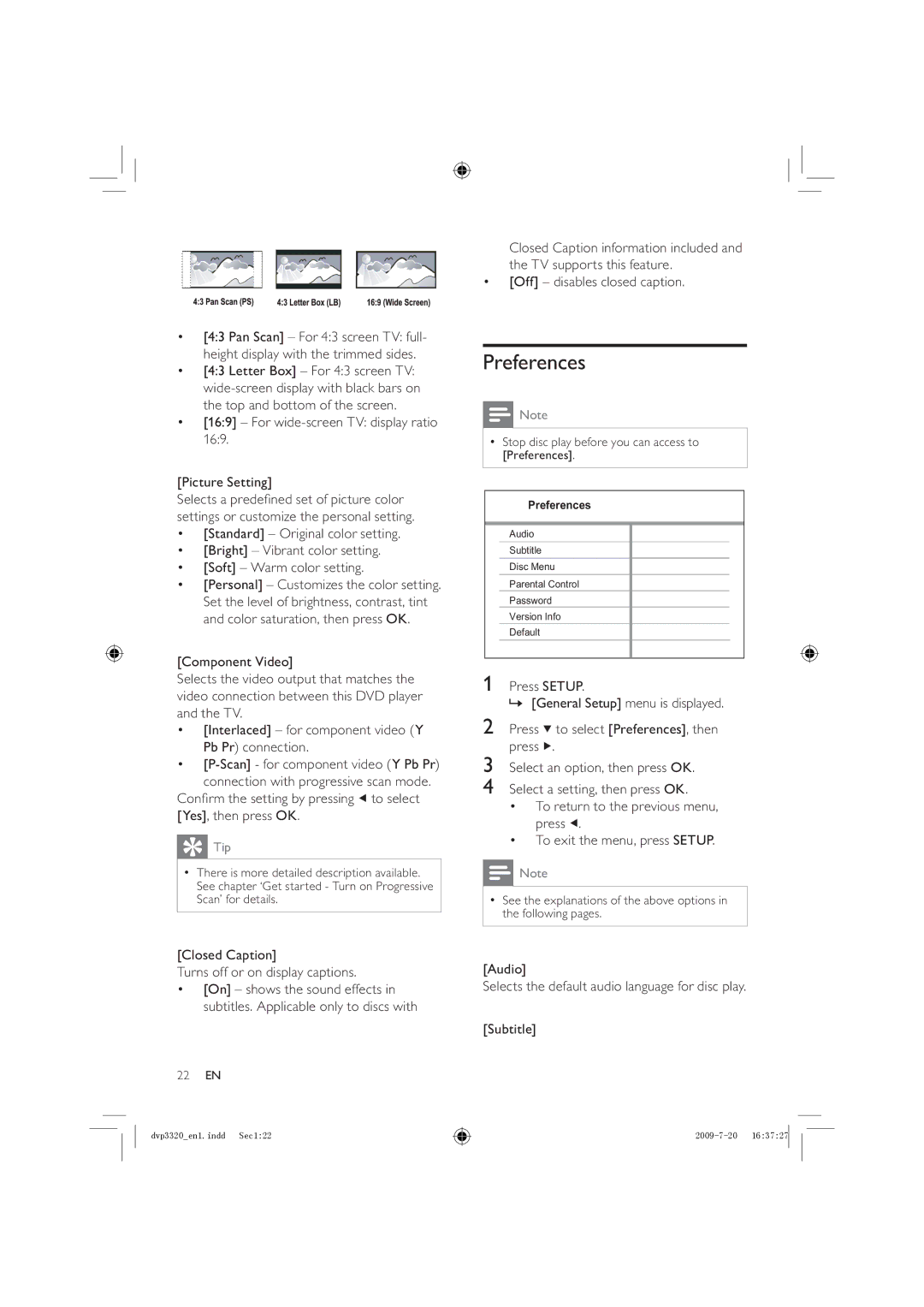 Philips DVP3320/77, DVP3320/55, DVP3320K Preferences, For wide-screen TV display ratio Picture Setting, Yes, then press OK 