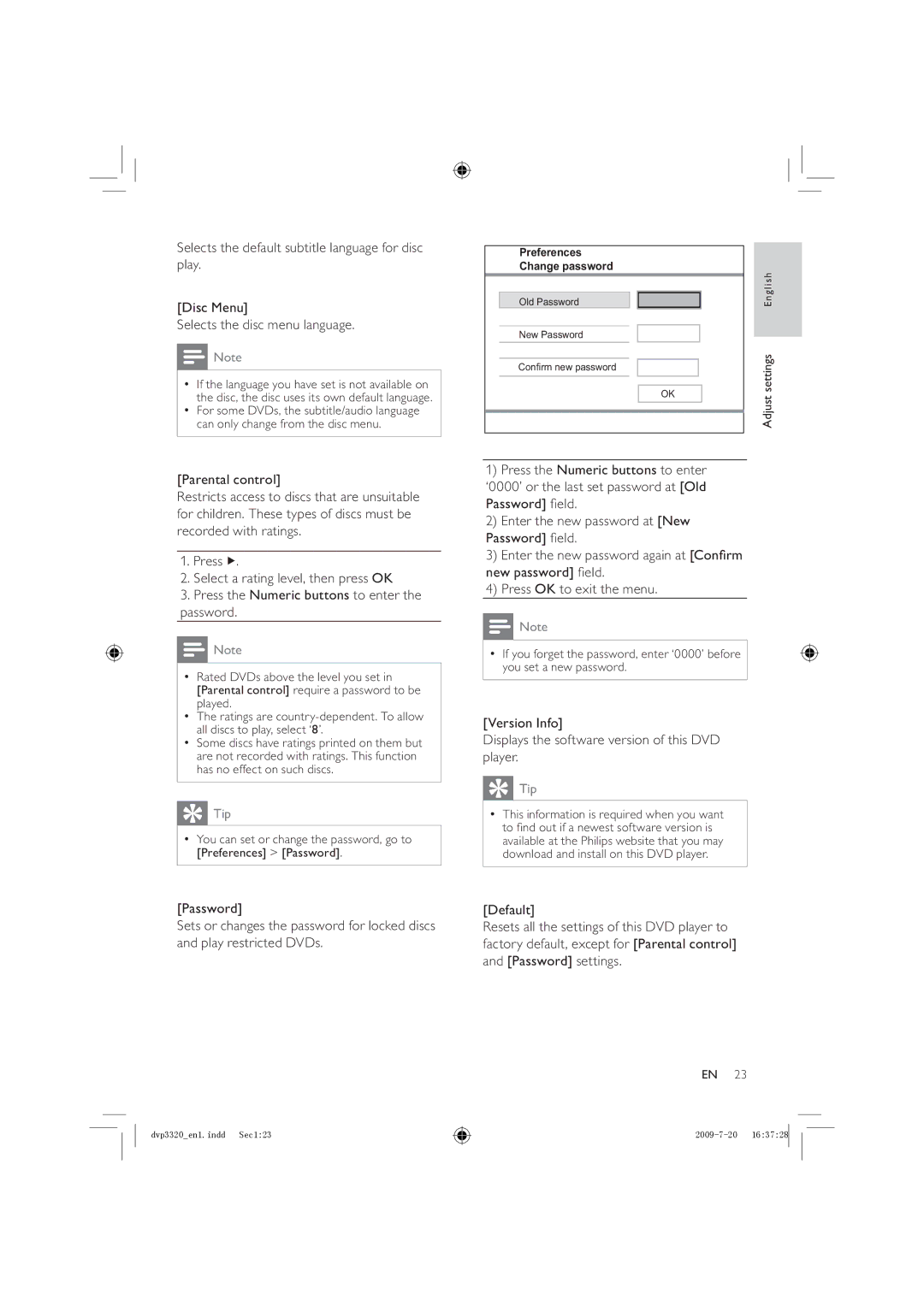 Philips DVP3320/55, DVP3320/77, DVP3320K/78 user manual Play restricted DVDs, Password settings 