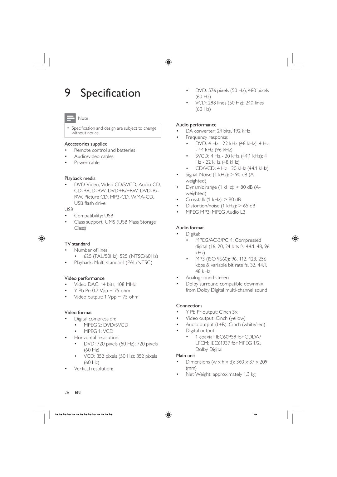 Philips DVP3320/55, DVP3320/77, DVP3320K/78 user manual Specification, Usb 