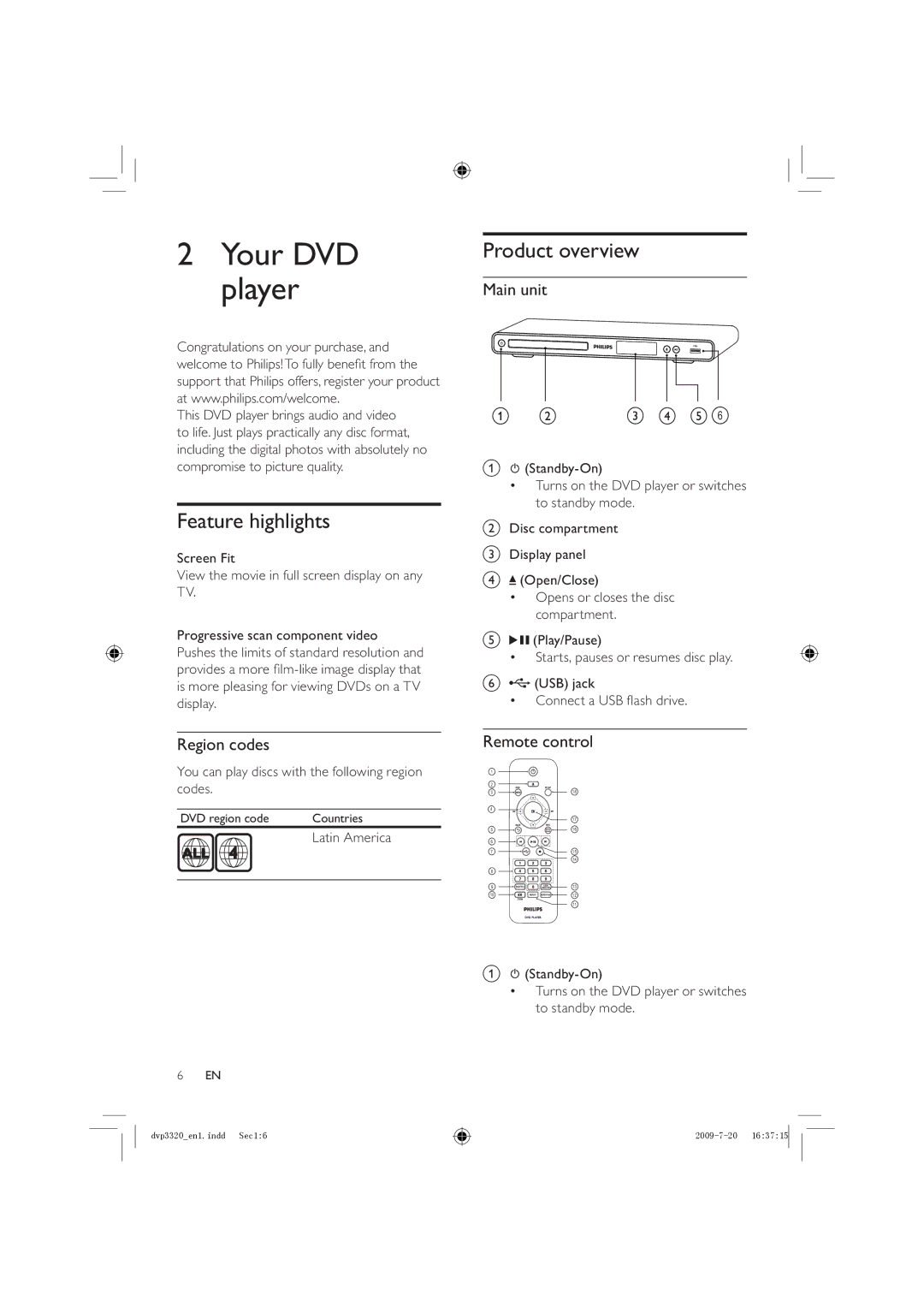 Philips DVP3320/55, DVP3320/77, DVP3320K Feature highlights, Product overview, Region codes, Main unit, Remote control 