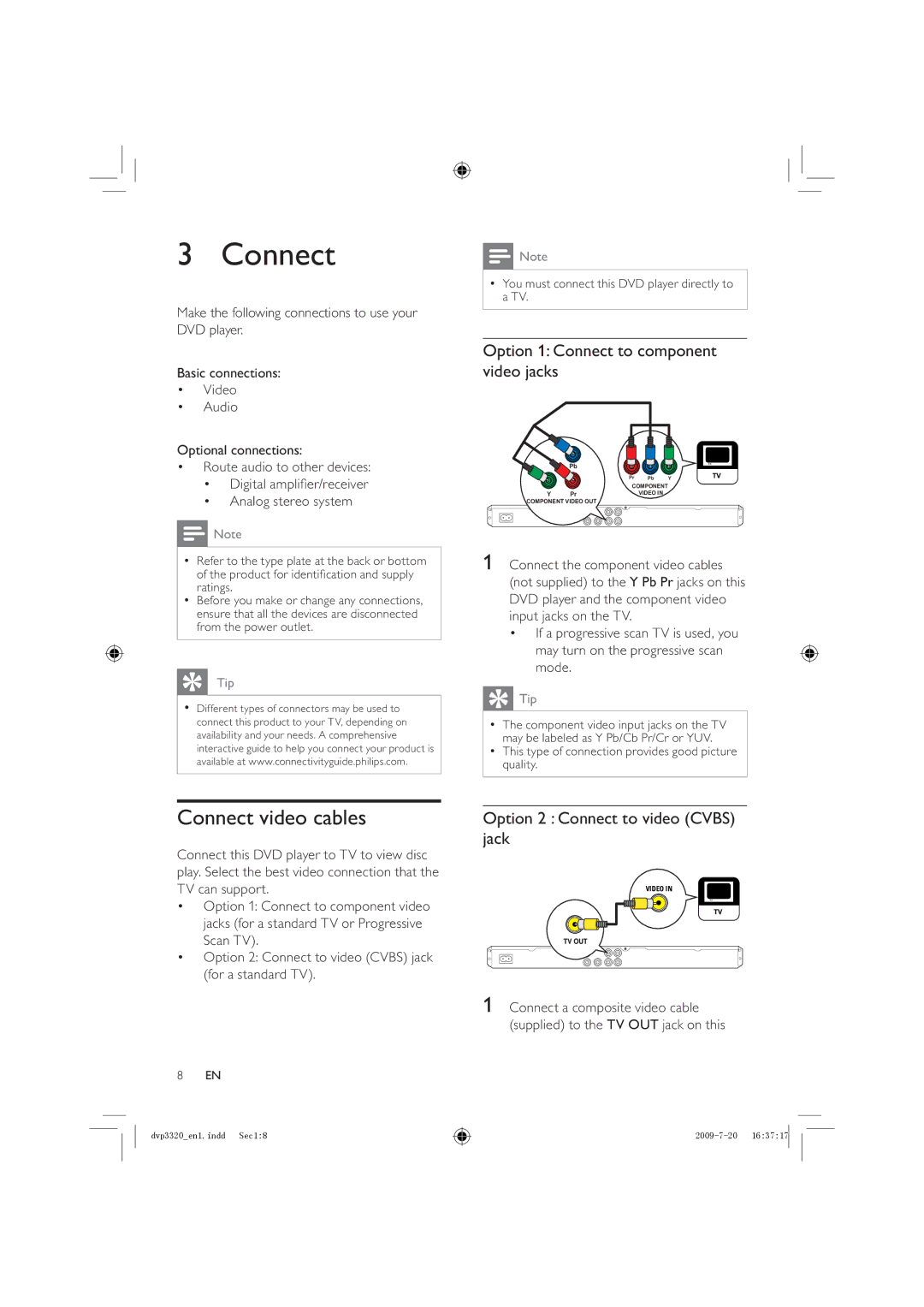 Philips DVP3320K Connect video cables, Option 1 Connect to component video jacks, Option 2 Connect to video Cvbs jack 