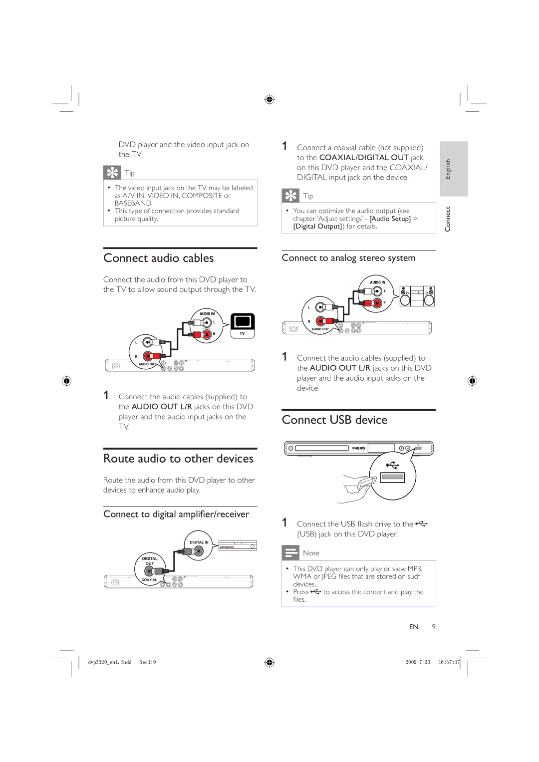 Philips DVP3320K/78, DVP3320/55, DVP3320/77 Connect audio cables, Route audio to other devices, Connect USB device 