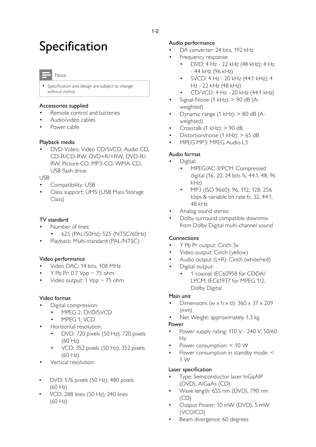 Philips DVP3320/55 service manual Specification 