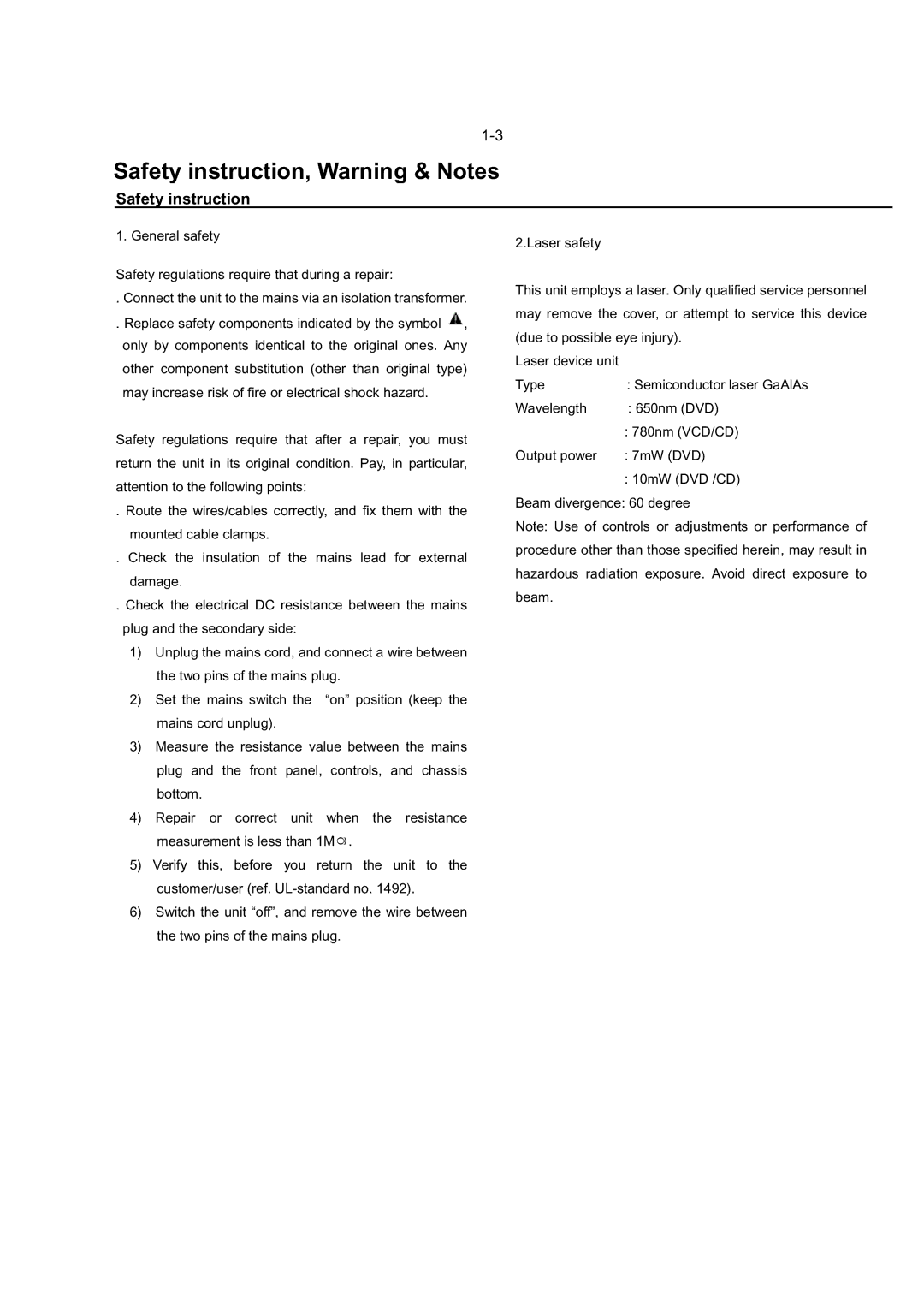 Philips DVP3320/55 service manual Safety instruction, Warning & Notes 