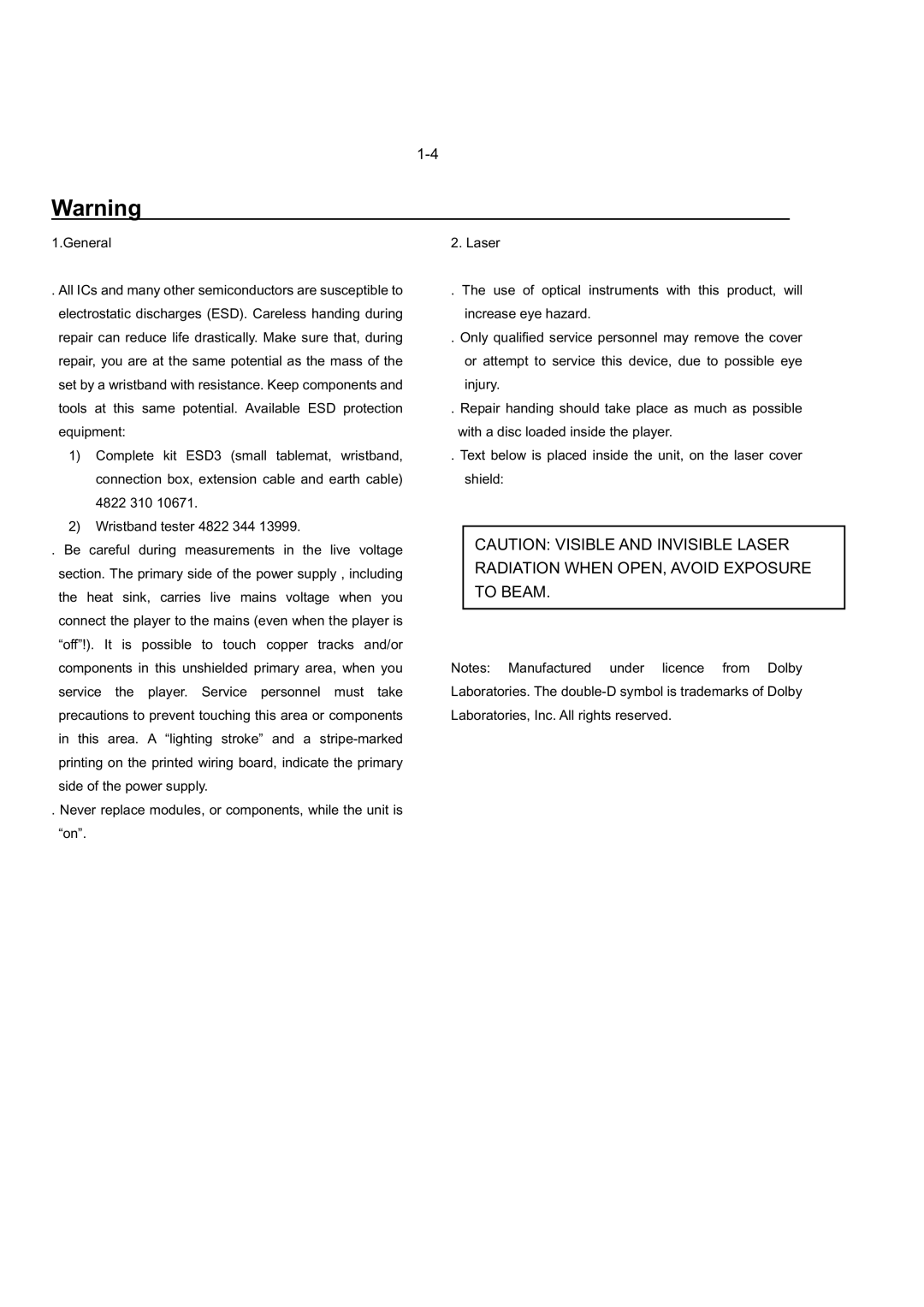 Philips DVP3320/55 service manual Radiation When OPEN, Avoid Exposure To Beam 