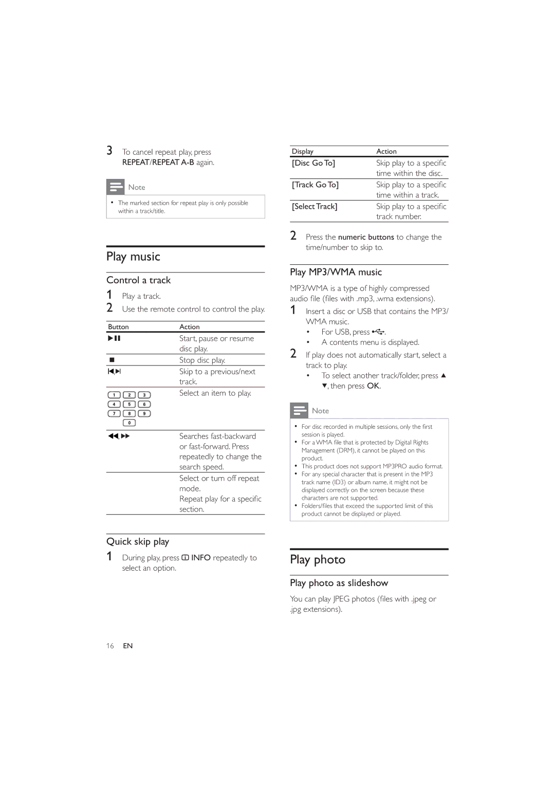 Philips DVP3320/94 user manual Play music, Play photo 