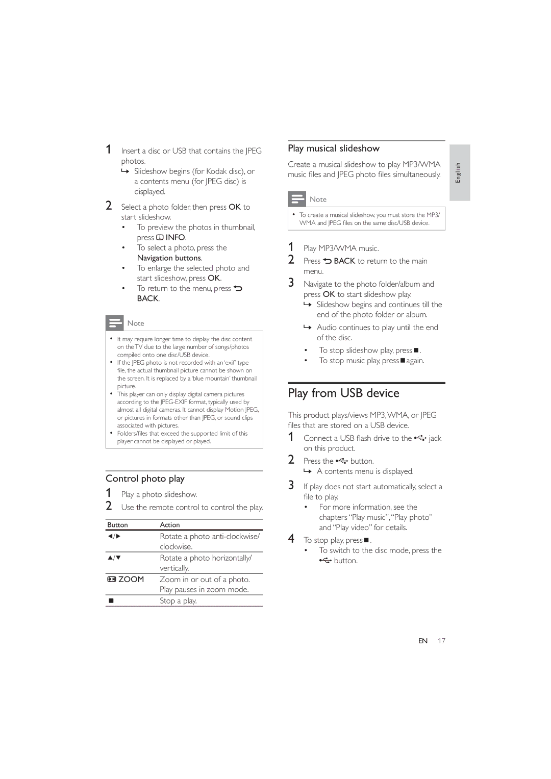 Philips DVP3320/94 user manual Play from USB device, Control photo play, Play musical slideshow 