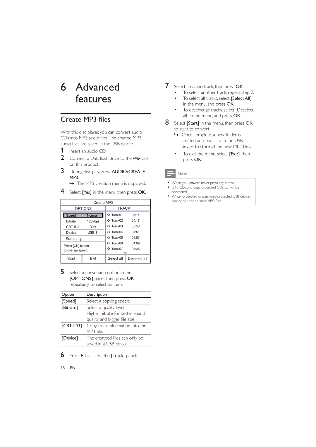 Philips DVP3320/94 user manual Create MP3 les, Speed Select a copying speed Bitrate Select a quality level 