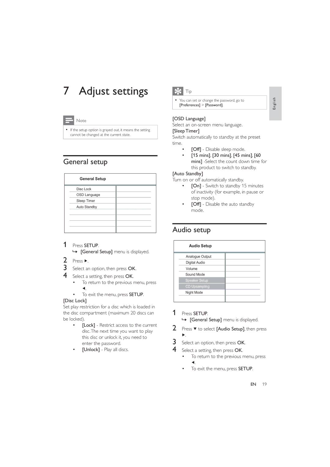 Philips DVP3320/94 Adjust settings, General setup, Audio setup, Auto Standby Turn on or off automatically standby 