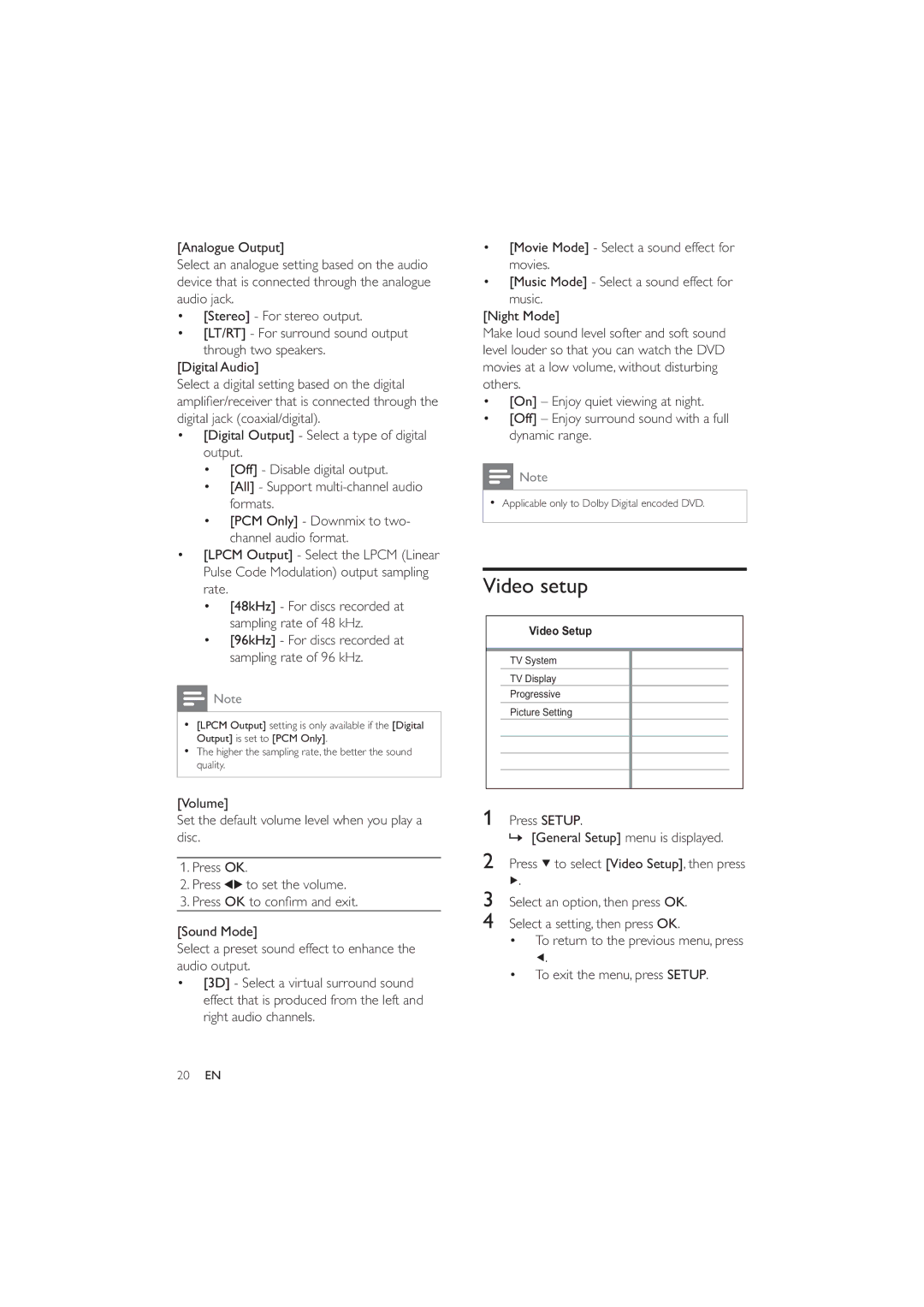 Philips DVP3320/94 user manual Video setup 