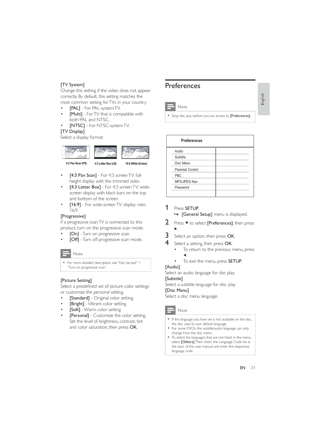 Philips DVP3320/94 user manual Preferences, TV System, Picture Setting 