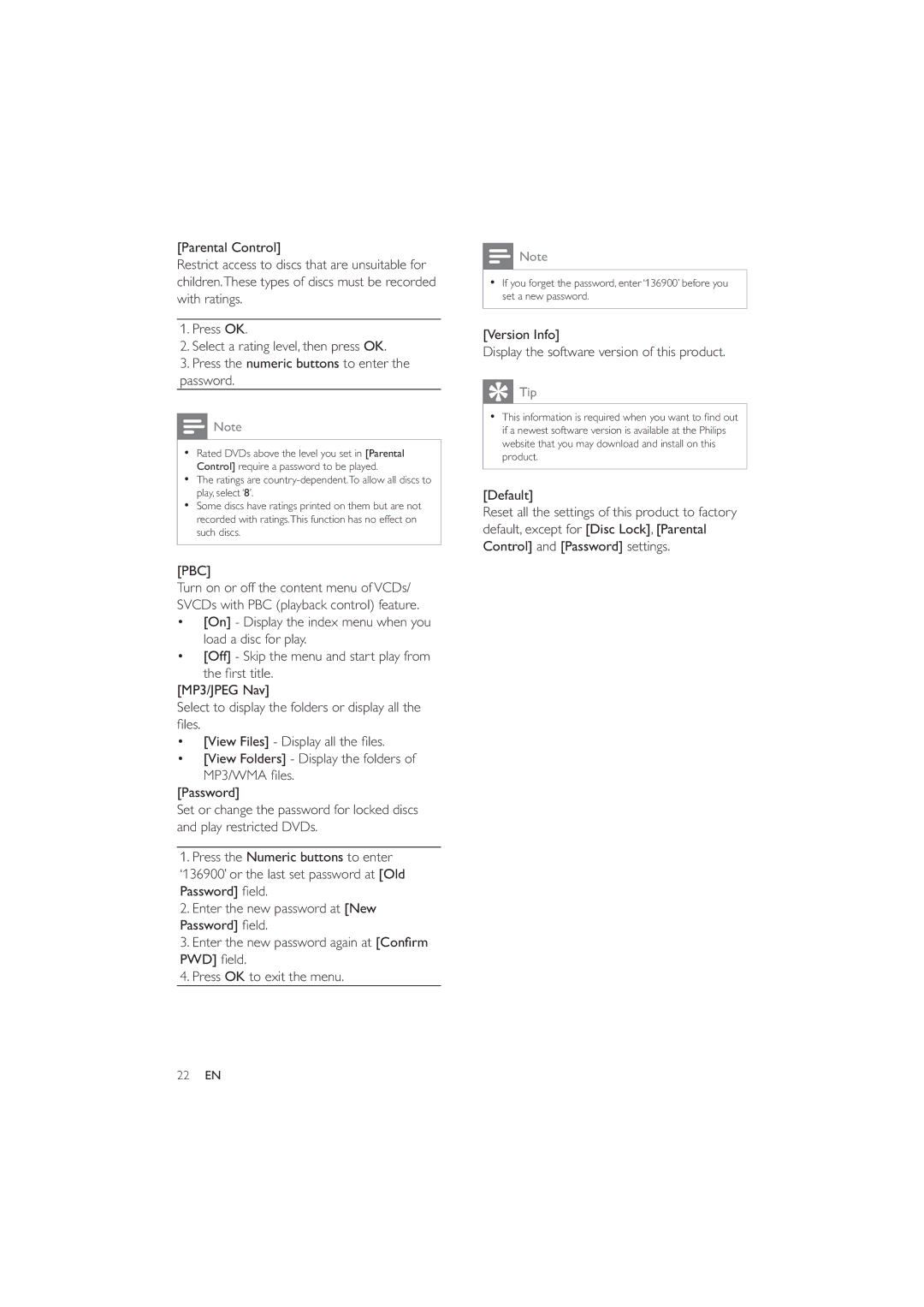 Philips DVP3320/94 user manual Version Info Display the software version of this product, Default 