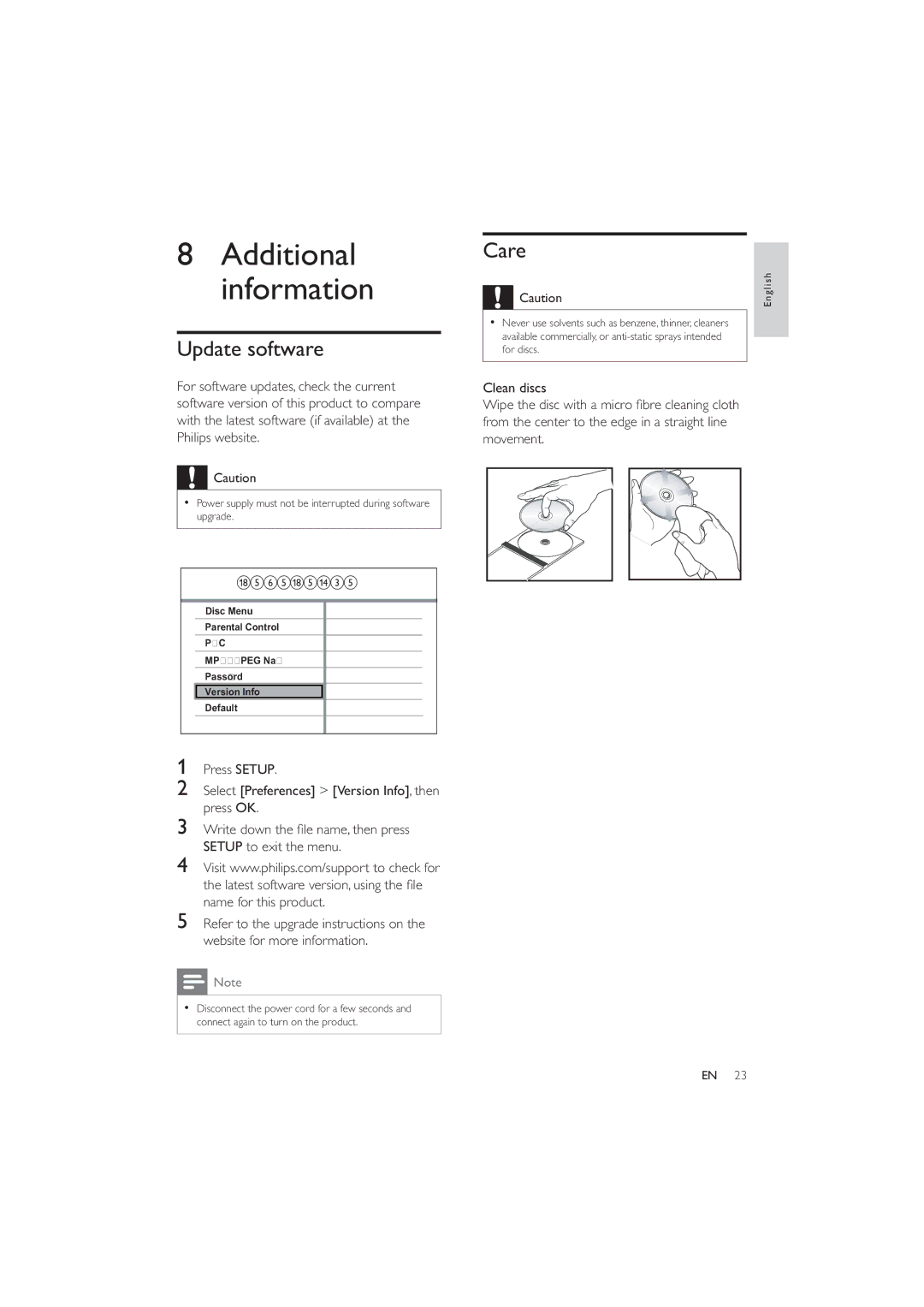 Philips DVP3320/94 user manual Update software, Care 