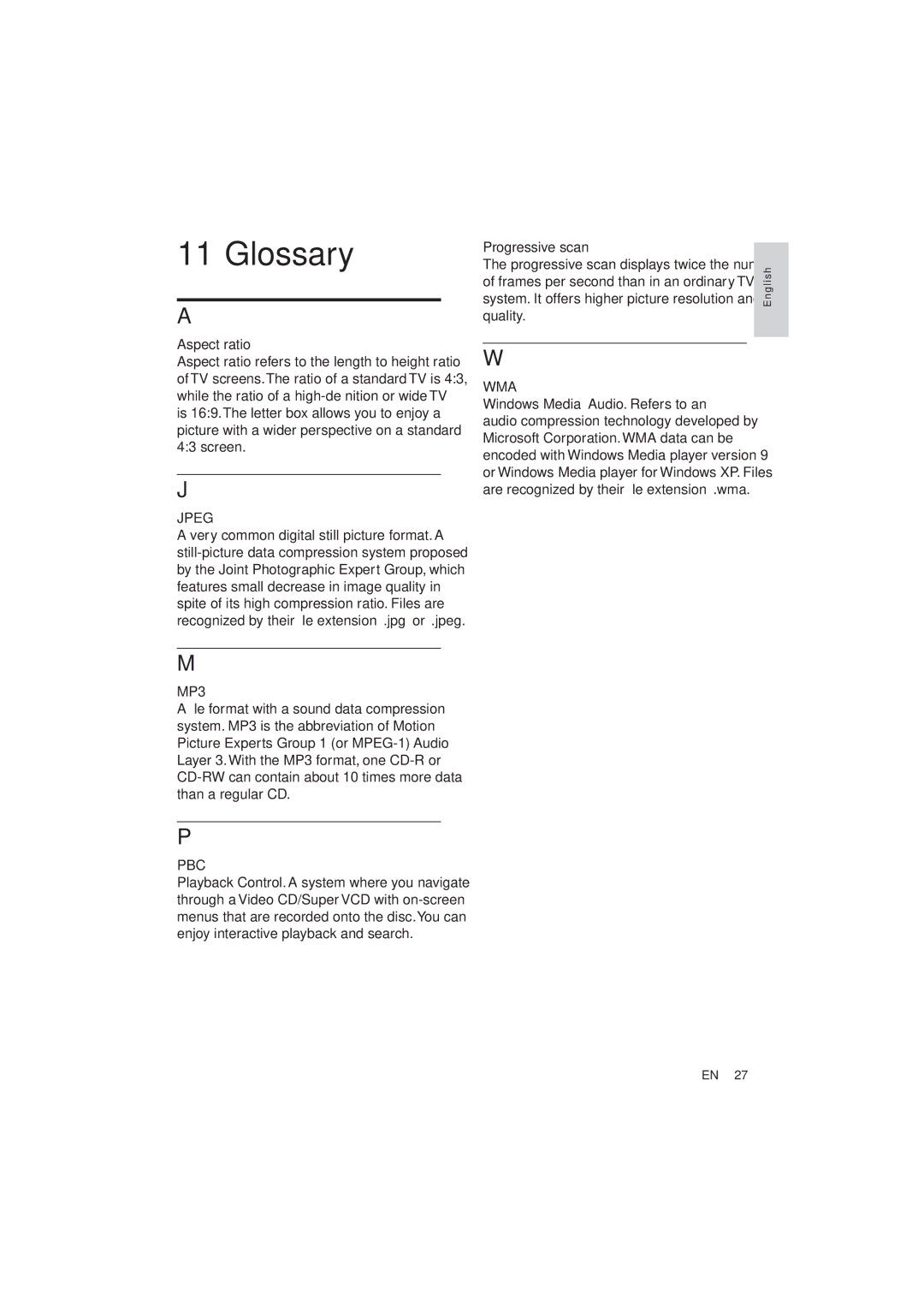 Philips DVP3320/94 user manual Glossary, Aspect ratio 