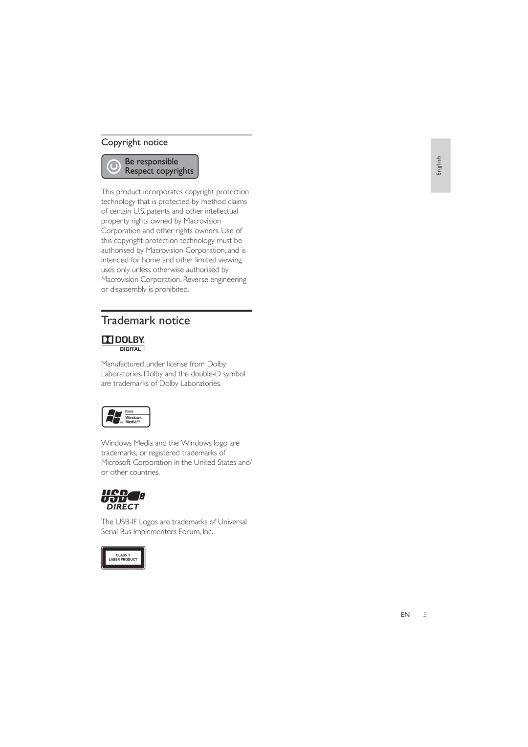 Philips DVP3320/94 user manual Trademark notice, Copyright notice 