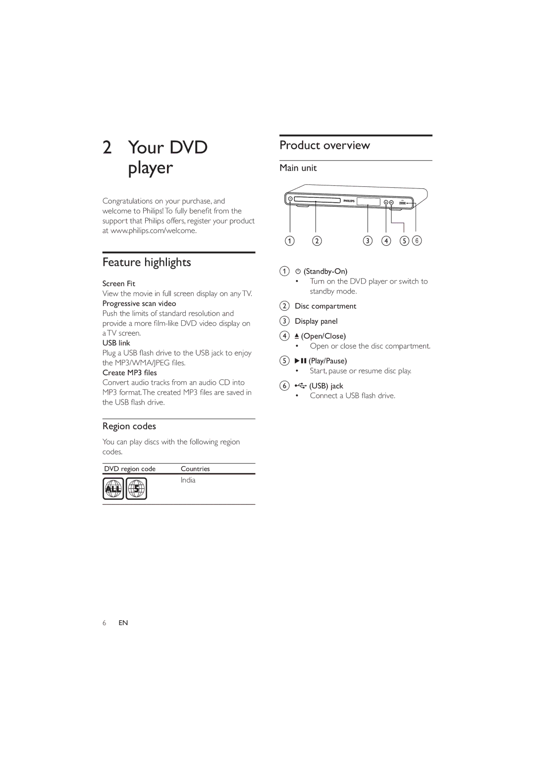 Philips DVP3320/94 user manual Product overview, Feature highlights, Main unit, Region codes 