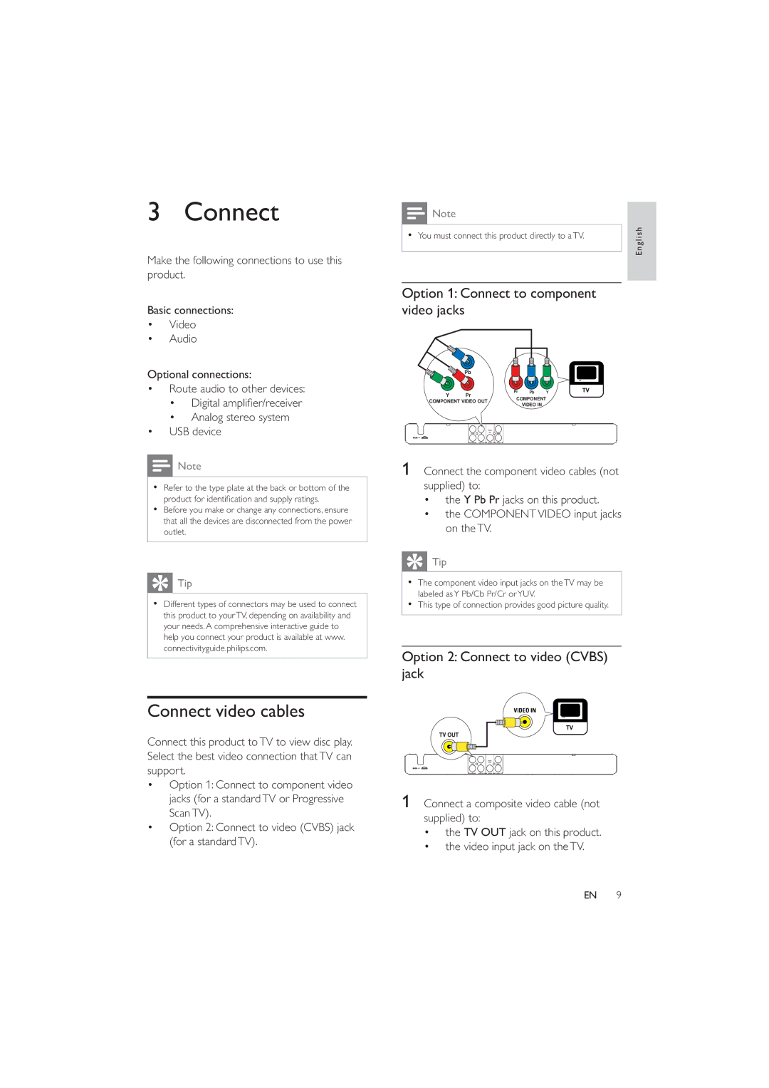 Philips DVP3320/94 user manual Connect video cables, Option 1 Connect to component video jacks 