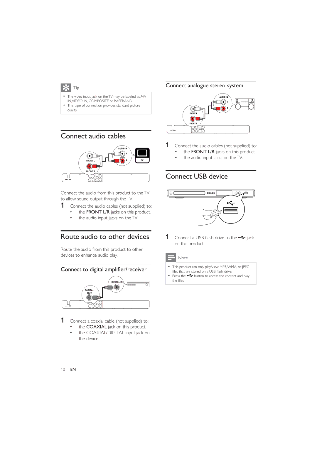 Philips DVP3320/94 Connect audio cables, Connect USB device, Route audio to other devices, Connect analogue stereo system 