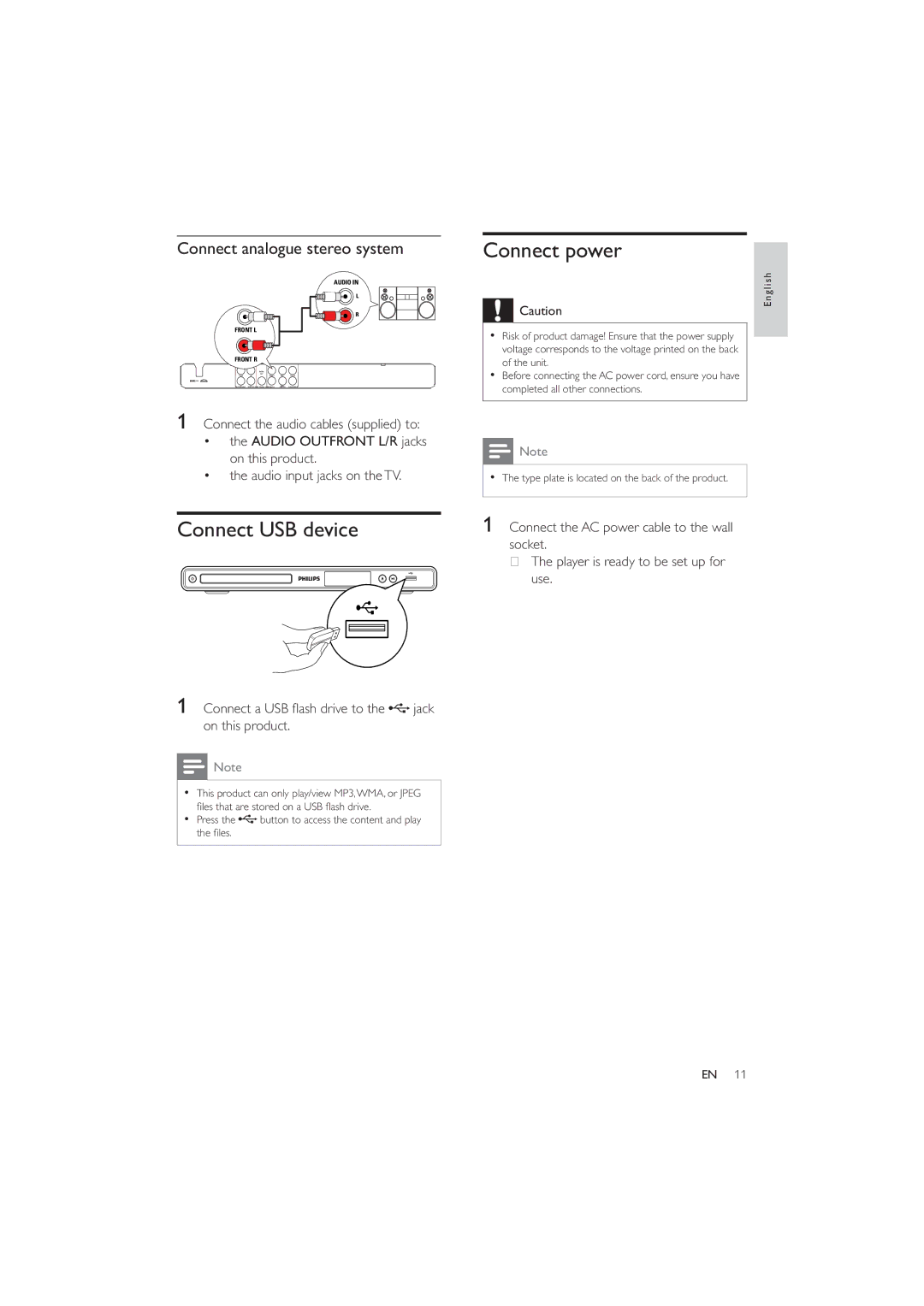 Philips DVP3326X/94 user manual Connect USB device, Connect power, Connect analogue stereo system 