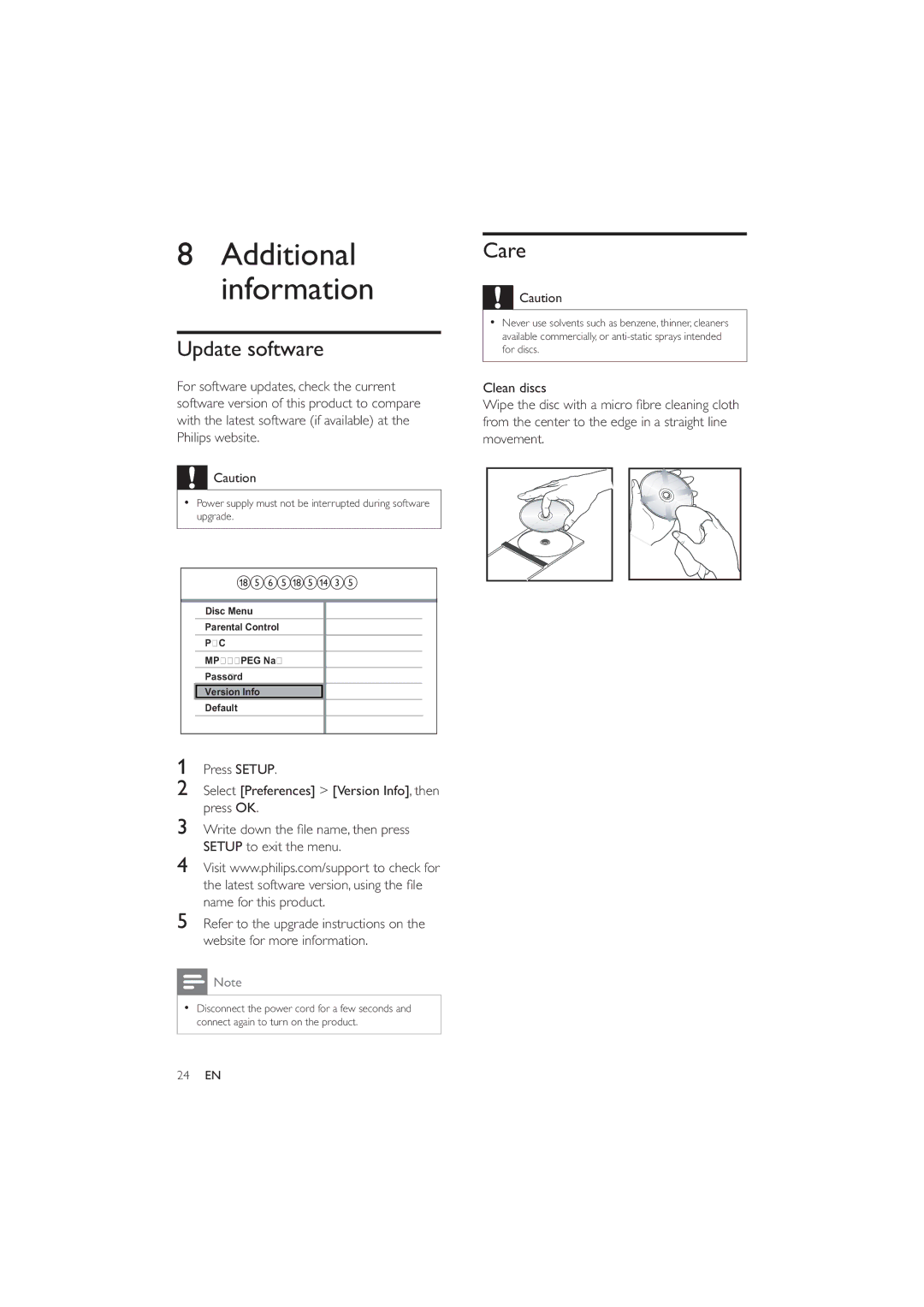 Philips DVP3326X/94 user manual Additional information, Update software, Care 