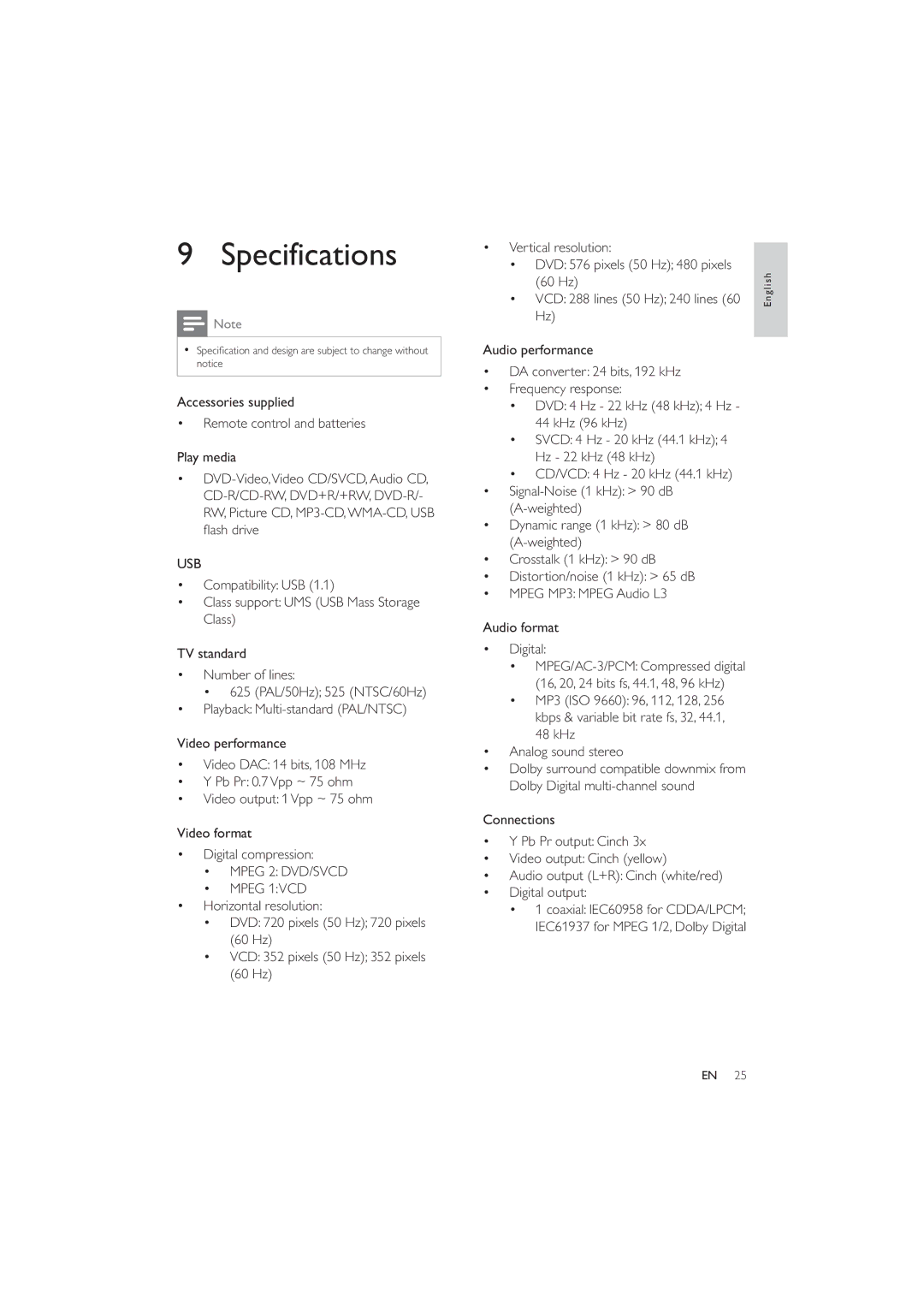 Philips DVP3326X/94 user manual Specifications, Usb 