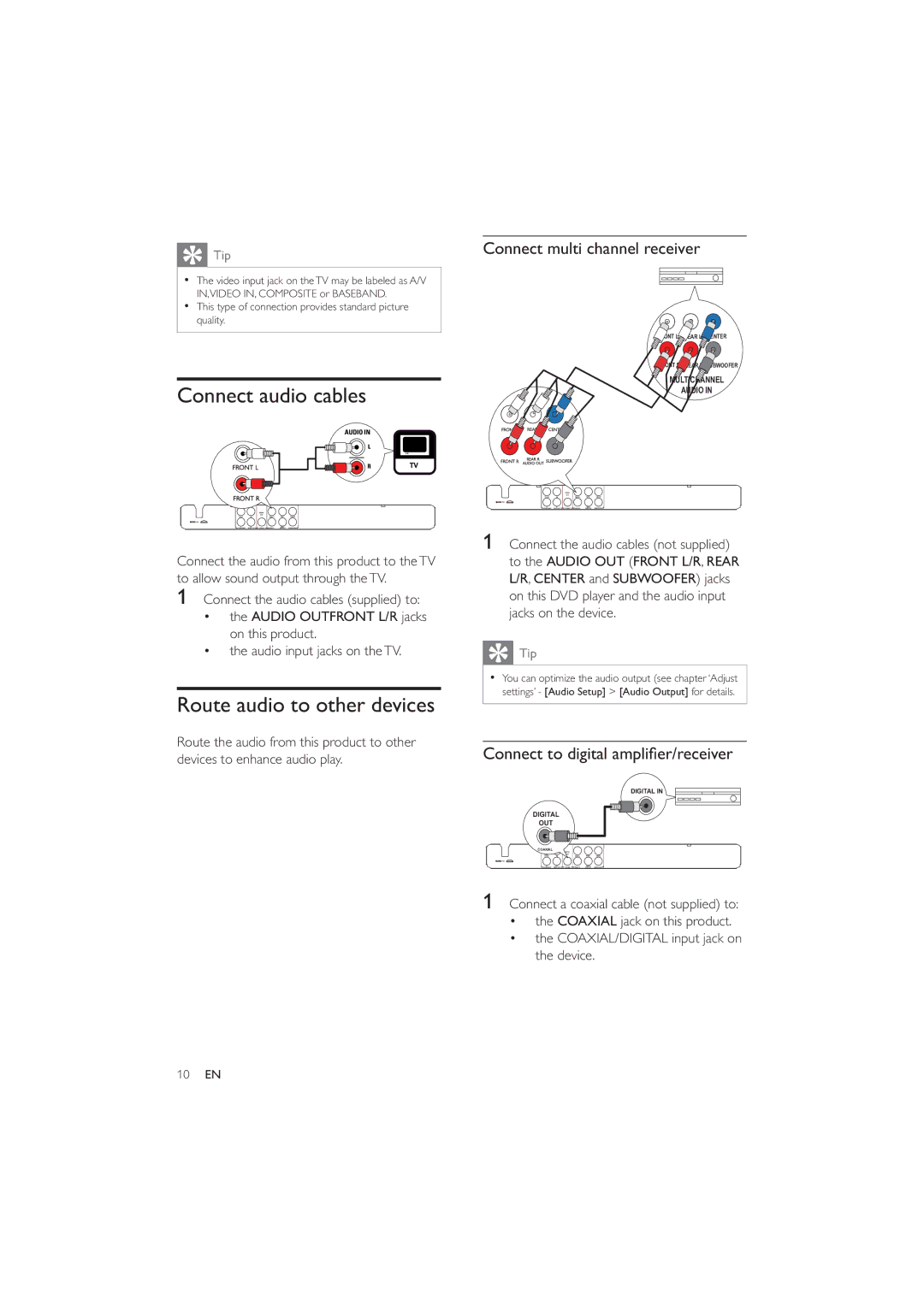 Philips DVP3326X/94 user manual Connect audio cables, Route audio to other devices, Connect multi channel receiver 