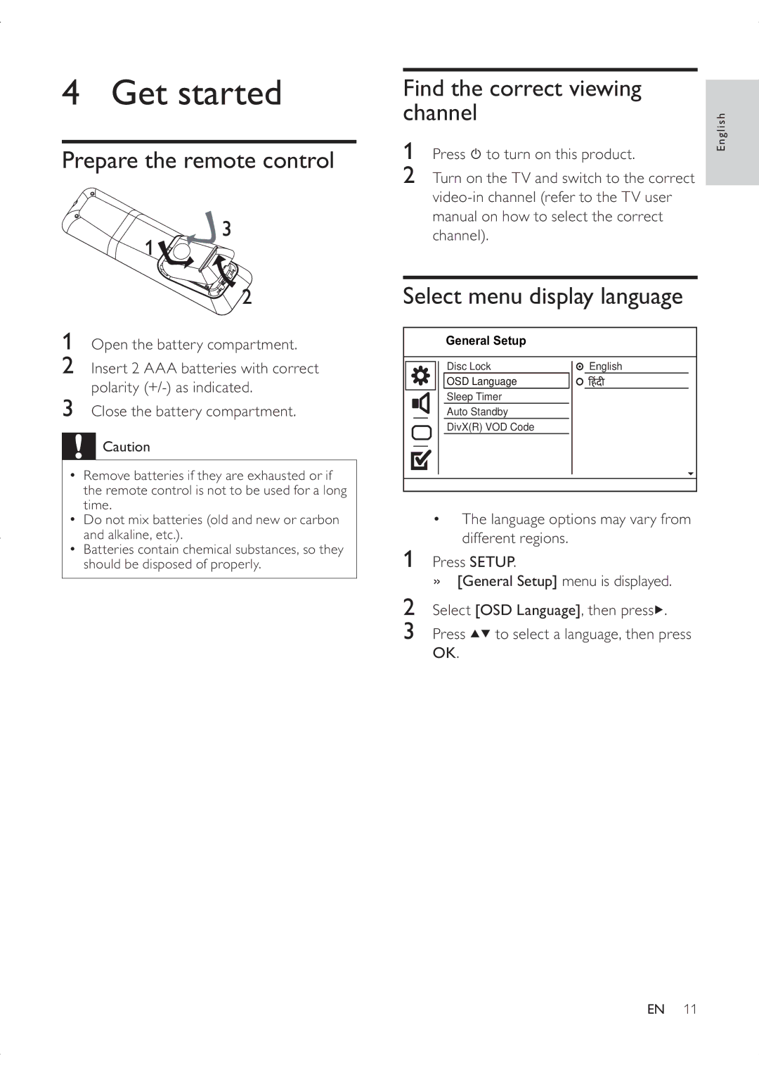 Philips DVP3336 Get started, Prepare the remote control Find the correct viewing channel, Select menu display language 