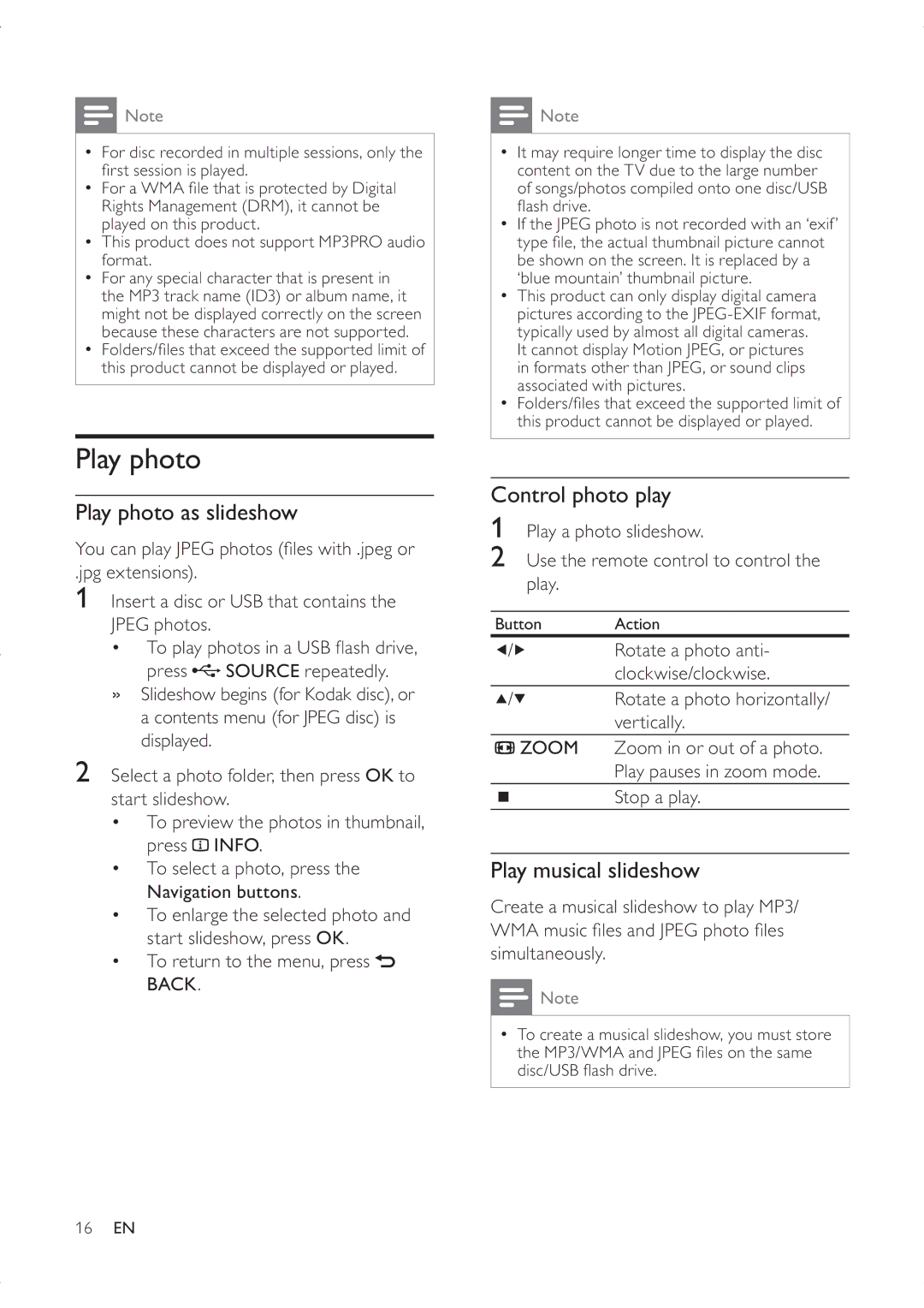 Philips DVP3336X/94 user manual Play photo as slideshow, Control photo play, Play musical slideshow 