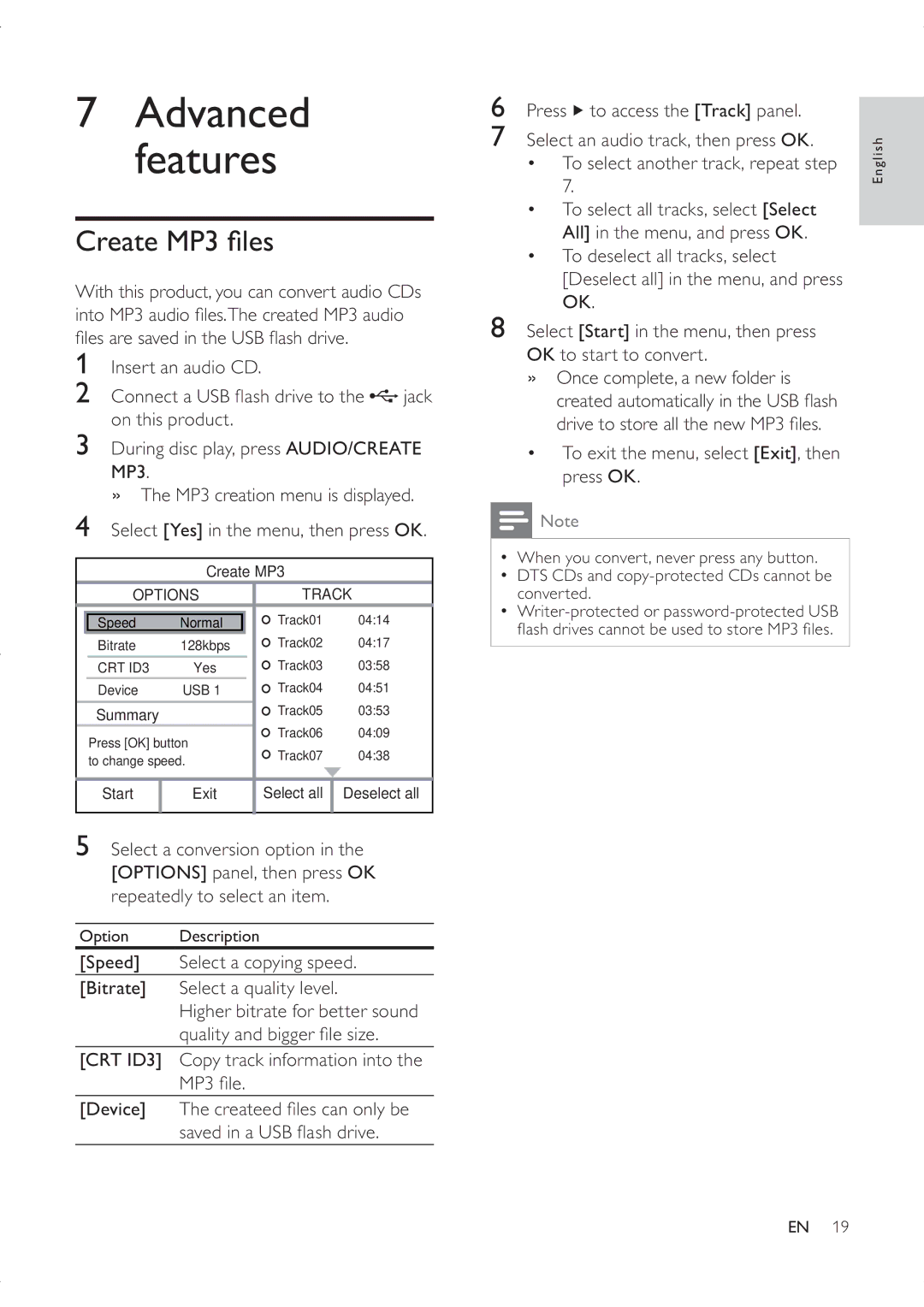 Philips DVP3336X/94 user manual Insert an audio CD, Speed Select a copying speed Bitrate Select a quality level 