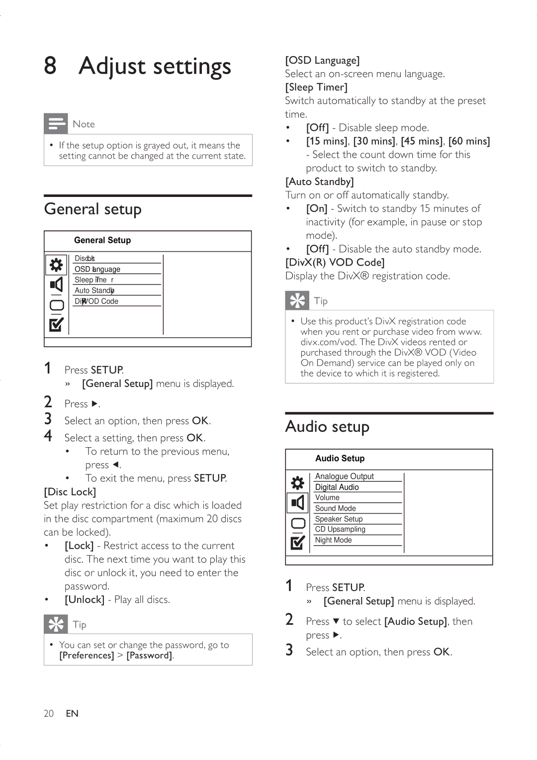 Philips DVP3336X/94 user manual Adjust settings, General setup, Audio setup 