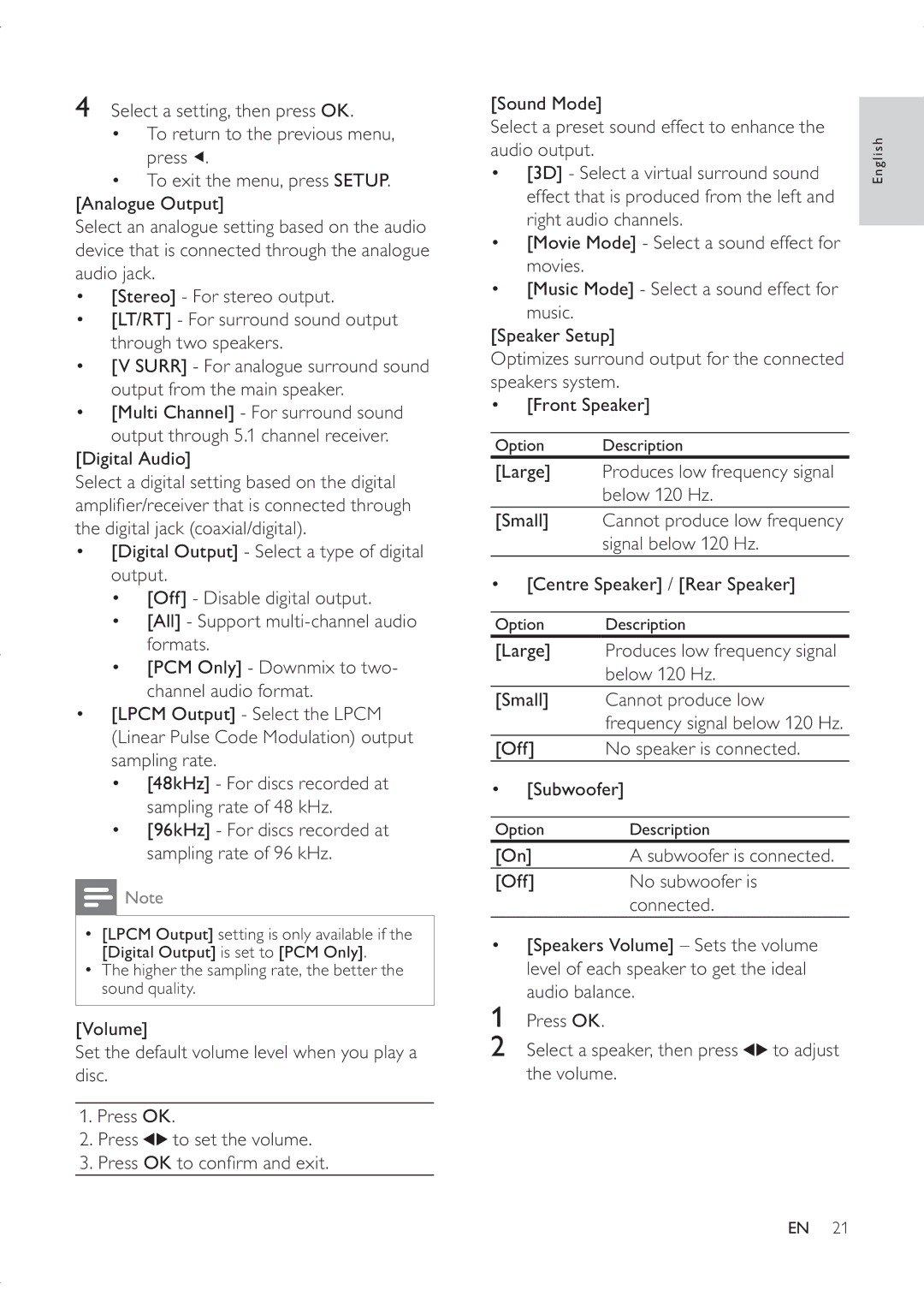 Philips DVP3336X/94 user manual Large, Below 120 Hz, Small Cannot produce low, Off No speaker is connected ‡ Subwoofer 