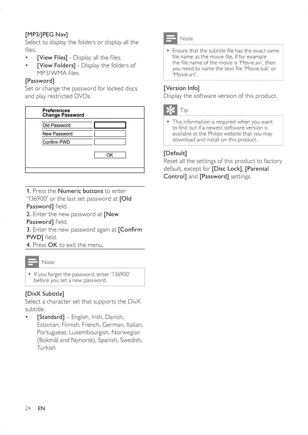 Philips DVP3336X/94 PwdÀhog, Press OK to exit the menu, Version Info Display the software version of this product 