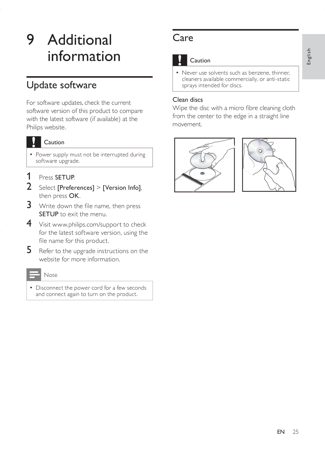 Philips DVP3336X user manual Update software, Care, Press Setup Select Preferences Version Info, then press OK, Clean discs 