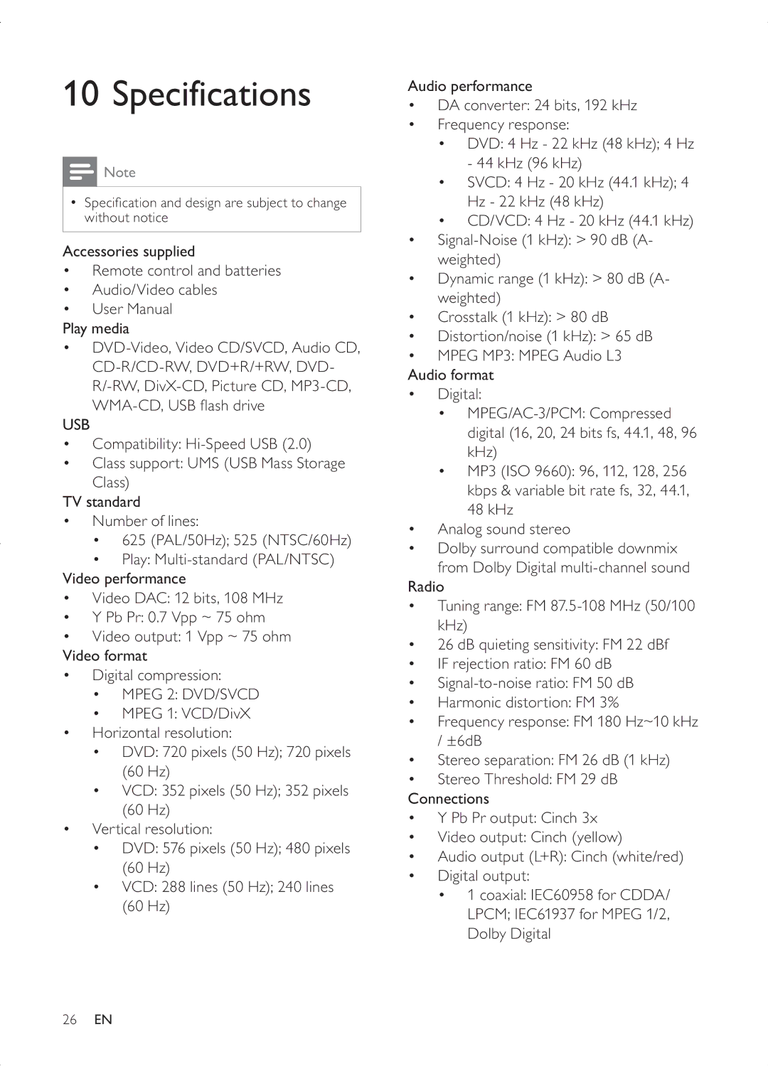 Philips DVP3336X/94 user manual Specifications, Usb, ‡ Mpeg 2 DVD/SVCD 