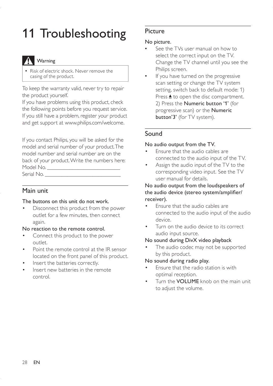 Philips DVP3336X/94 user manual Troubleshooting, Main unit, Picture, Sound, Serial No 