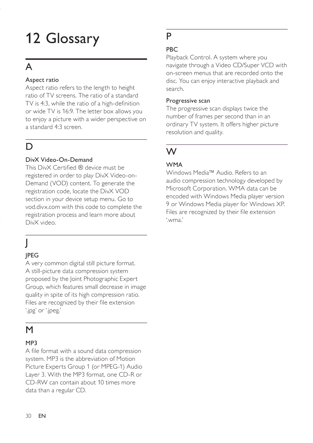 Philips DVP3336X/94 user manual Glossary, Jpeg, MP3, Wma 