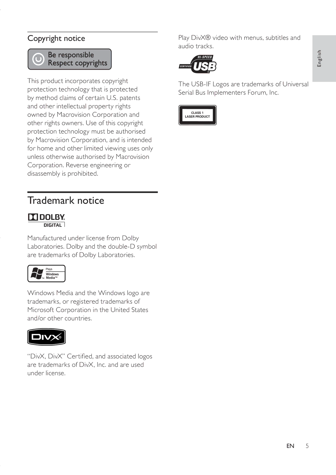 Philips DVP3336X user manual Trademark notice, Copyright notice, Play DivX video with menus, subtitles and audio tracks 