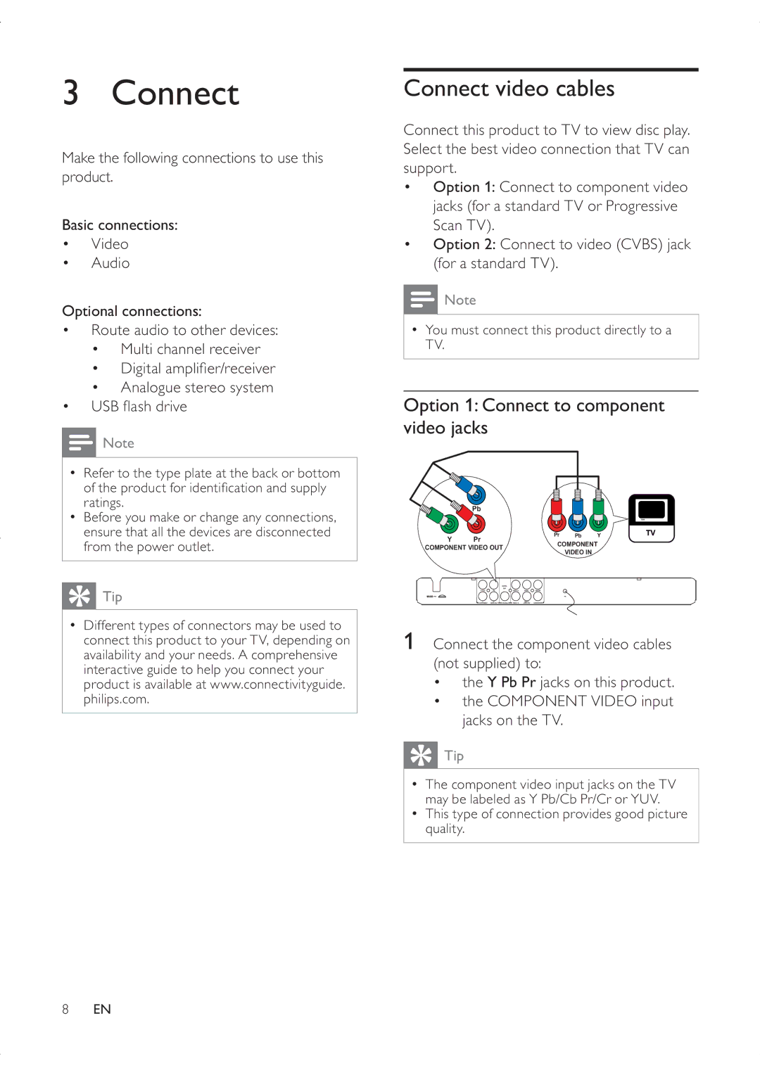 Philips DVP3336X/94 Connect video cables, Option 1 Connect to component video jacks, ‡ 86%ÁDVKGULYH 