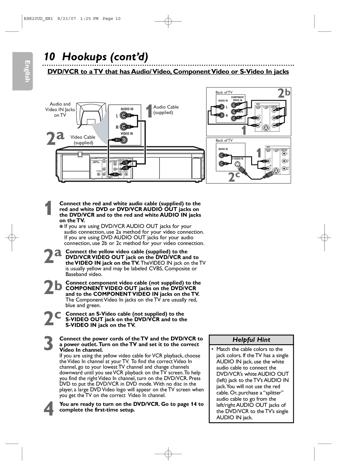 Philips DVP3345V/17 user manual Audio Video in Jacks On TV, 2a Video Cable supplied, 1Audio Cable supplied 