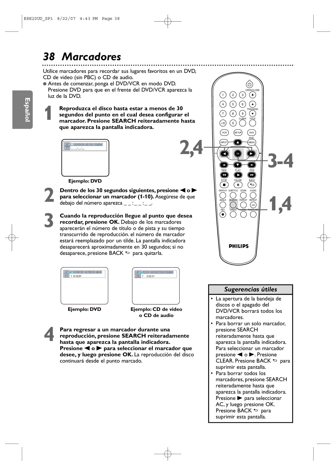 Philips DVP3345V/17 user manual Marcadores, Ejemplo DVD Ejemplo CD de video CD de audio 