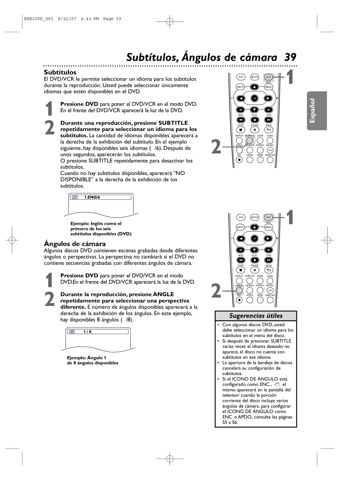 Philips DVP3345V/17 user manual Subtítulos, Ángulos de cámara, Durante una reproducción, presione Subtitle 