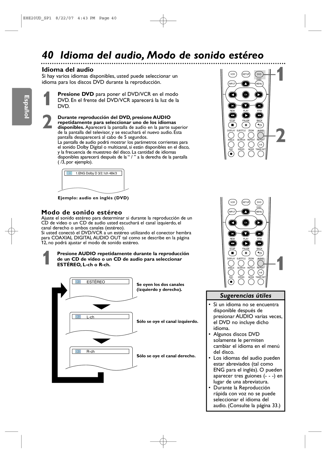 Philips DVP3345V/17 user manual Idioma del audio, Modo de sonido estéreo, ESTÉREO, L-ch o R-ch 