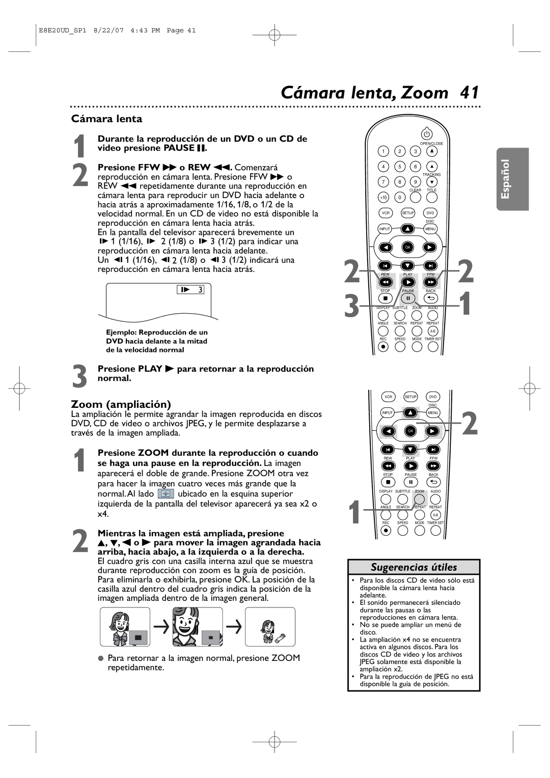 Philips DVP3345V/17 user manual Cámara lenta, Zoom ampliación, Durante la reproducción de un DVD o un CD de 