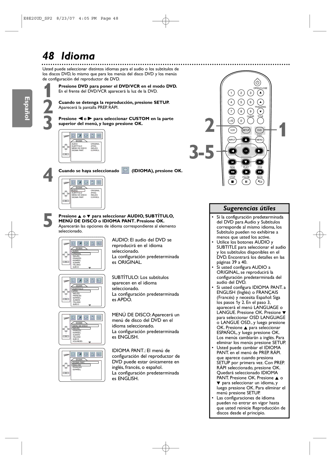 Philips DVP3345V/17 user manual Idioma, Cuando se haya seleccionado 