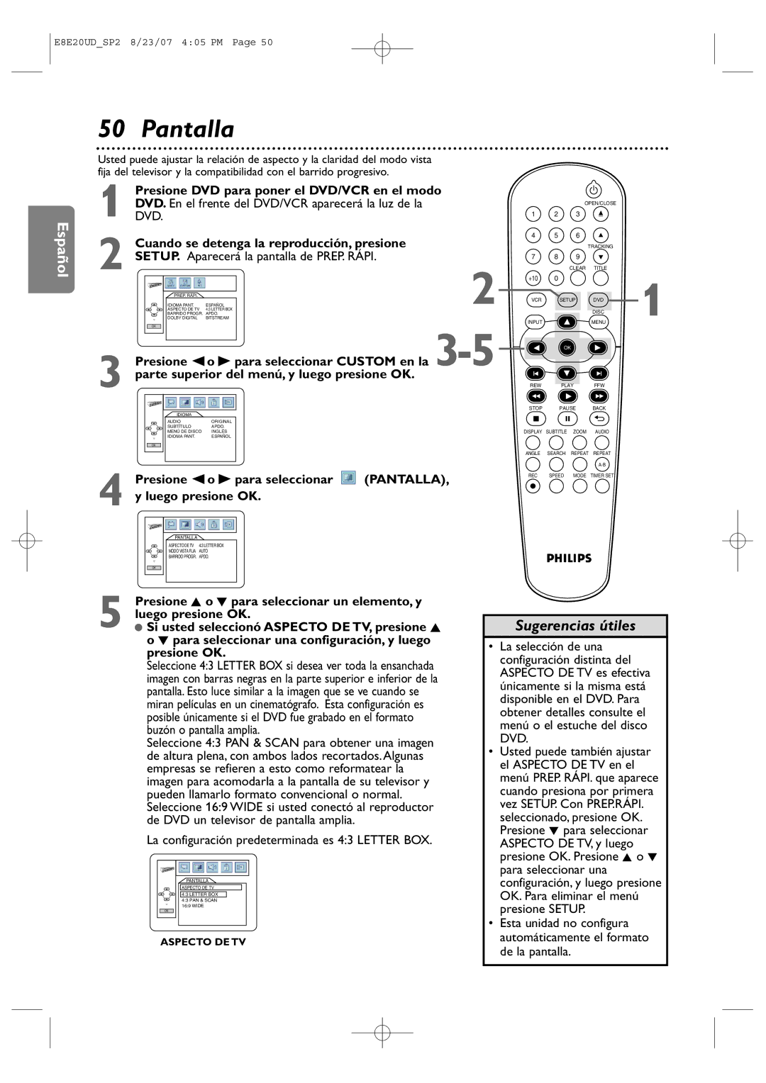 Philips DVP3345V/17 user manual Pantalla, Cuando se detenga la reproducción, presione, Presione o B para seleccionar 