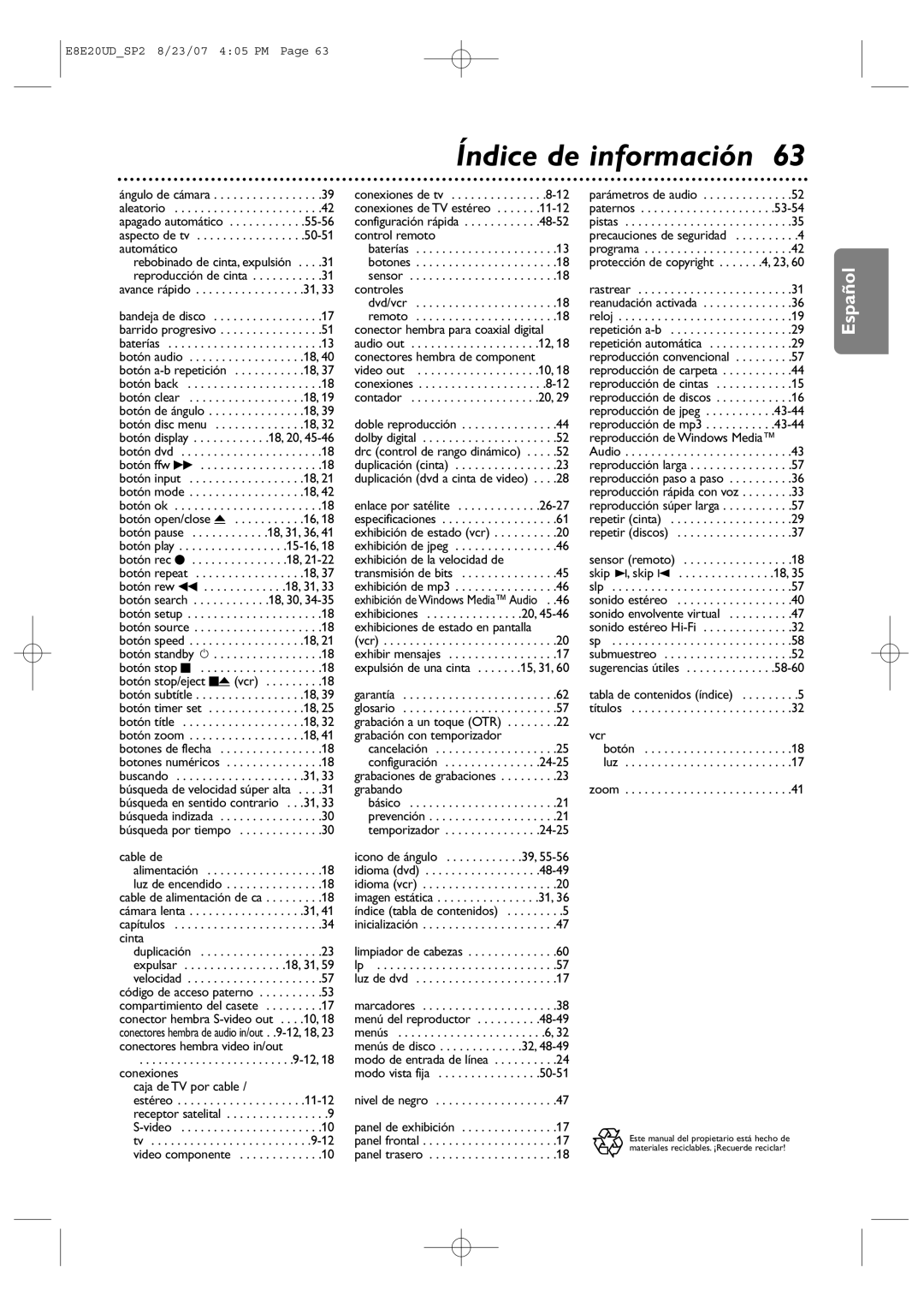 Philips DVP3345V/17 user manual Índice de información 