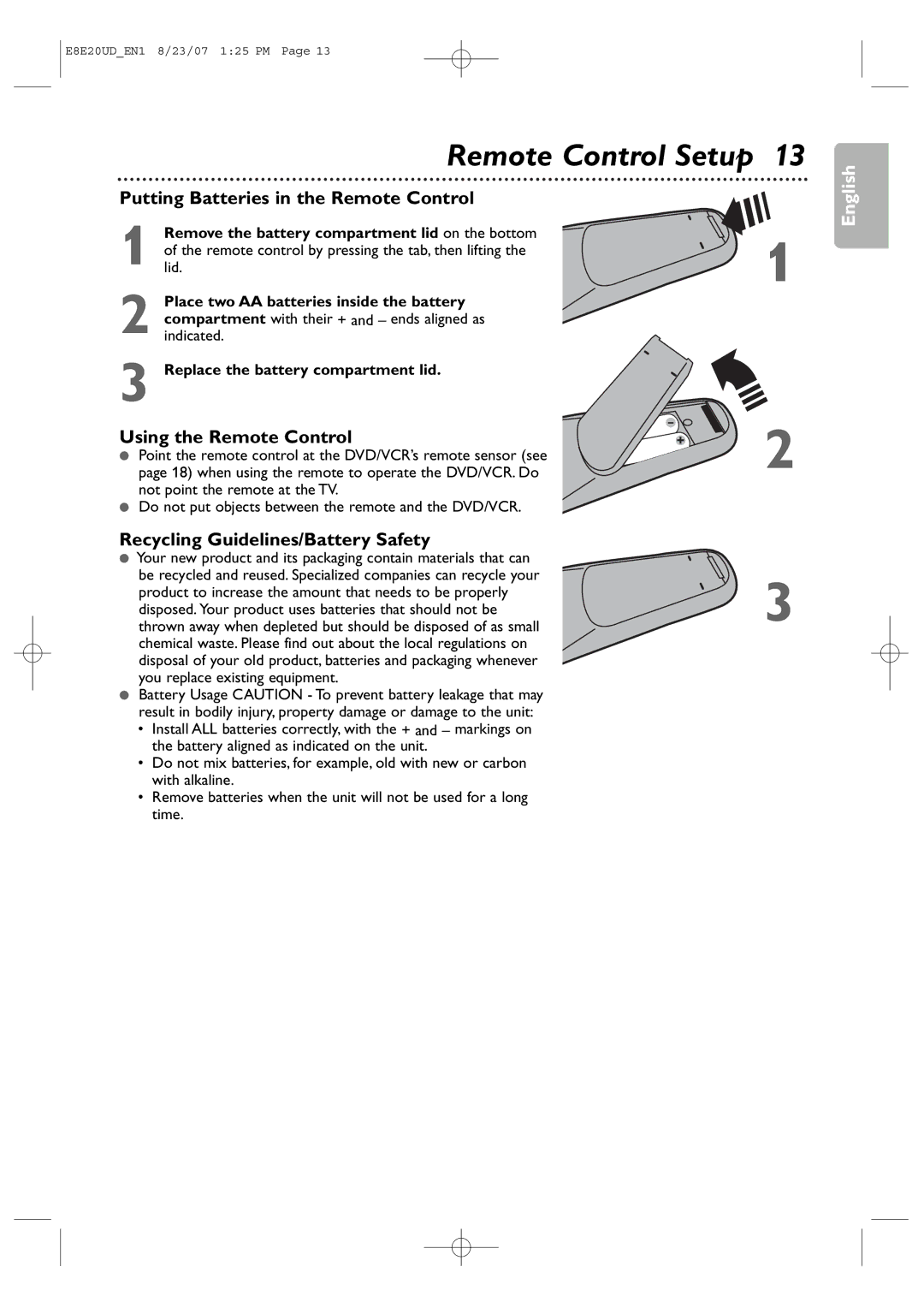 Philips DVP3345V/17 Putting Batteries in the Remote Control, Using the Remote Control, Recycling Guidelines/Battery Safety 